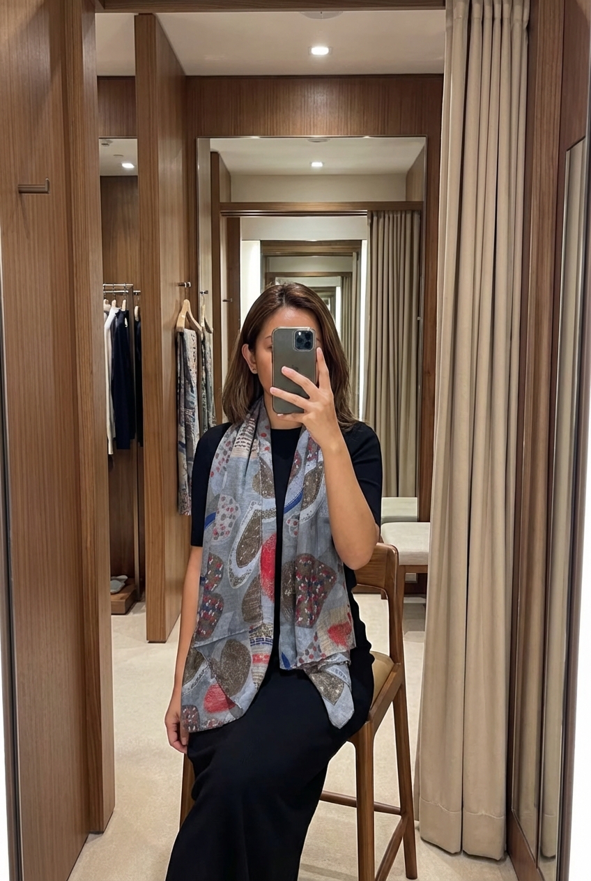 Una persona in Sciarpa foulard leggero con fantasia – Multicolore seduto su una sedia alta, con postura rilassata, in un camerino in stile boutique con specchio e decorazioni neutre.