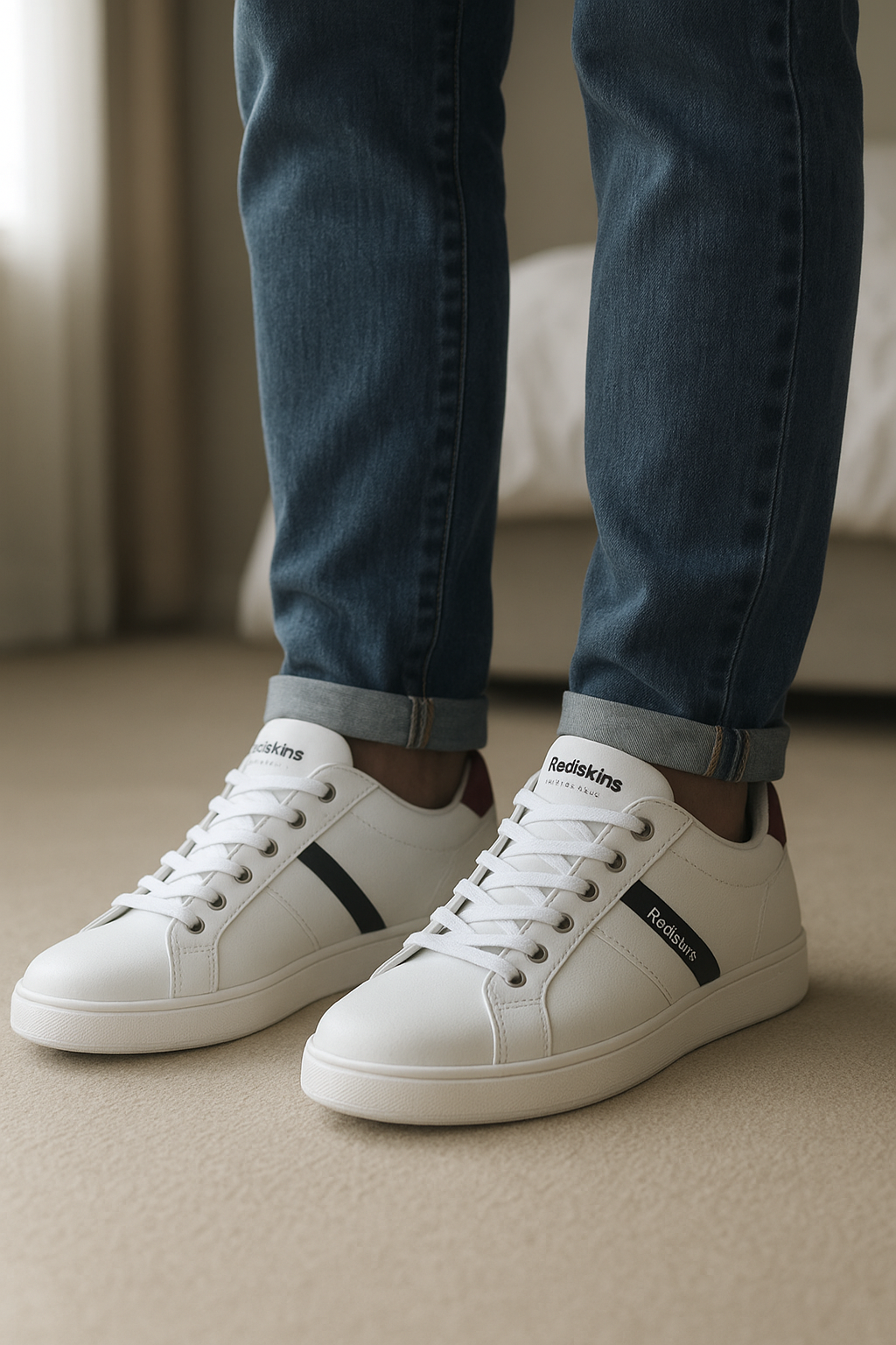 Chaussures homme debout, face à la caméra, dans une chambre à la lumière douce, avec une lumière naturelle filtrant par la fenêtre.