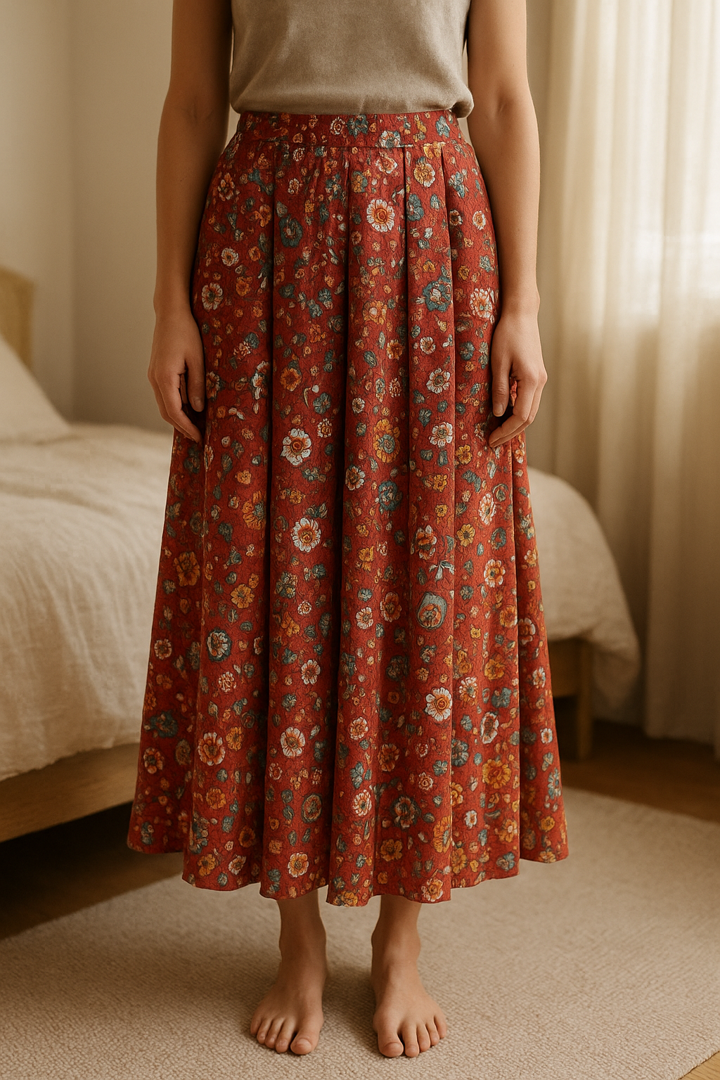 Jupe ikks fille debout, face à la caméra, dans une chambre à la lumière douce, avec une lumière naturelle filtrant par la fenêtre.