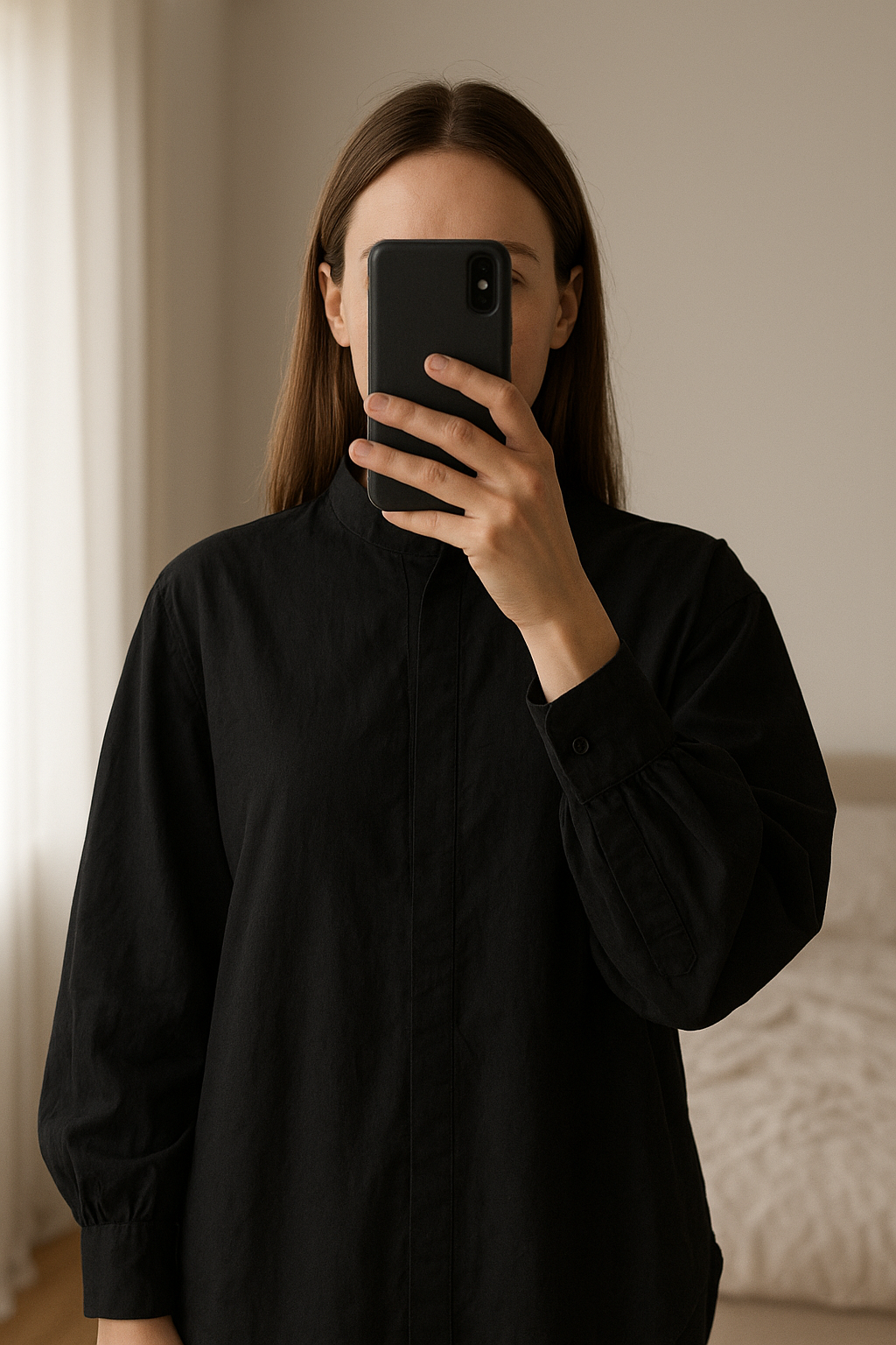 Chemise overzise neuve debout, face à la caméra, dans une chambre à la lumière douce, avec une lumière naturelle filtrant par la fenêtre.