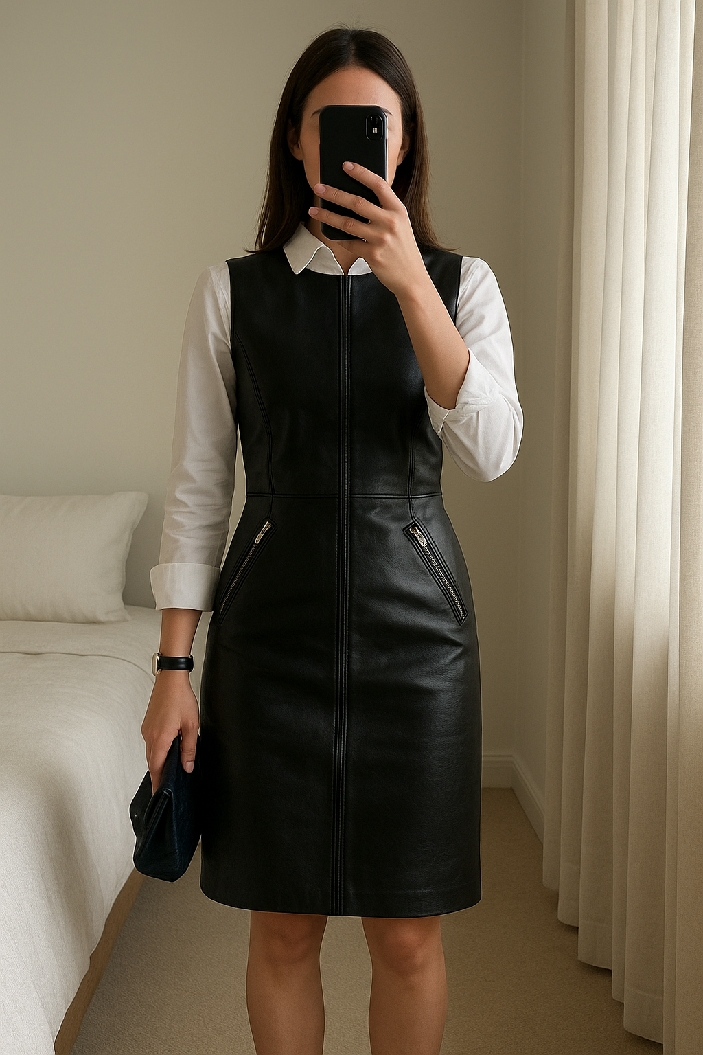 Robe cuir Maje debout, face à la caméra, dans une chambre à la lumière douce, avec une lumière naturelle filtrant par la fenêtre.