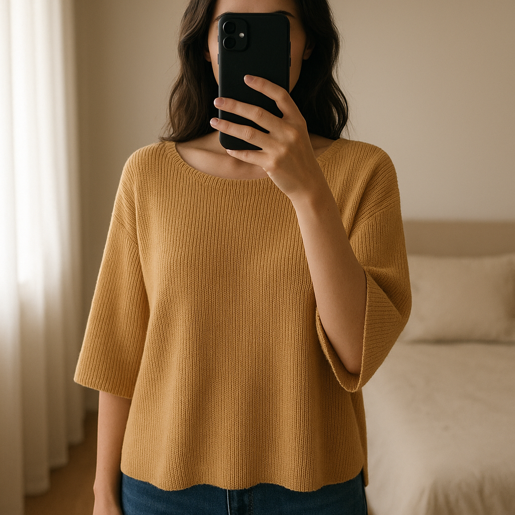 Cape marron / beuge Maje taille unique debout, face à la caméra, dans une chambre à la lumière douce, avec une lumière naturelle filtrant par la fenêtre.