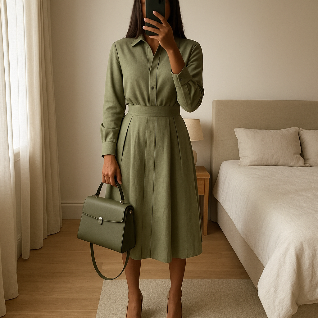 Ensemble gilet et jupe kaki debout, face à la caméra, dans une chambre à la lumière douce, avec une lumière naturelle filtrant par la fenêtre.