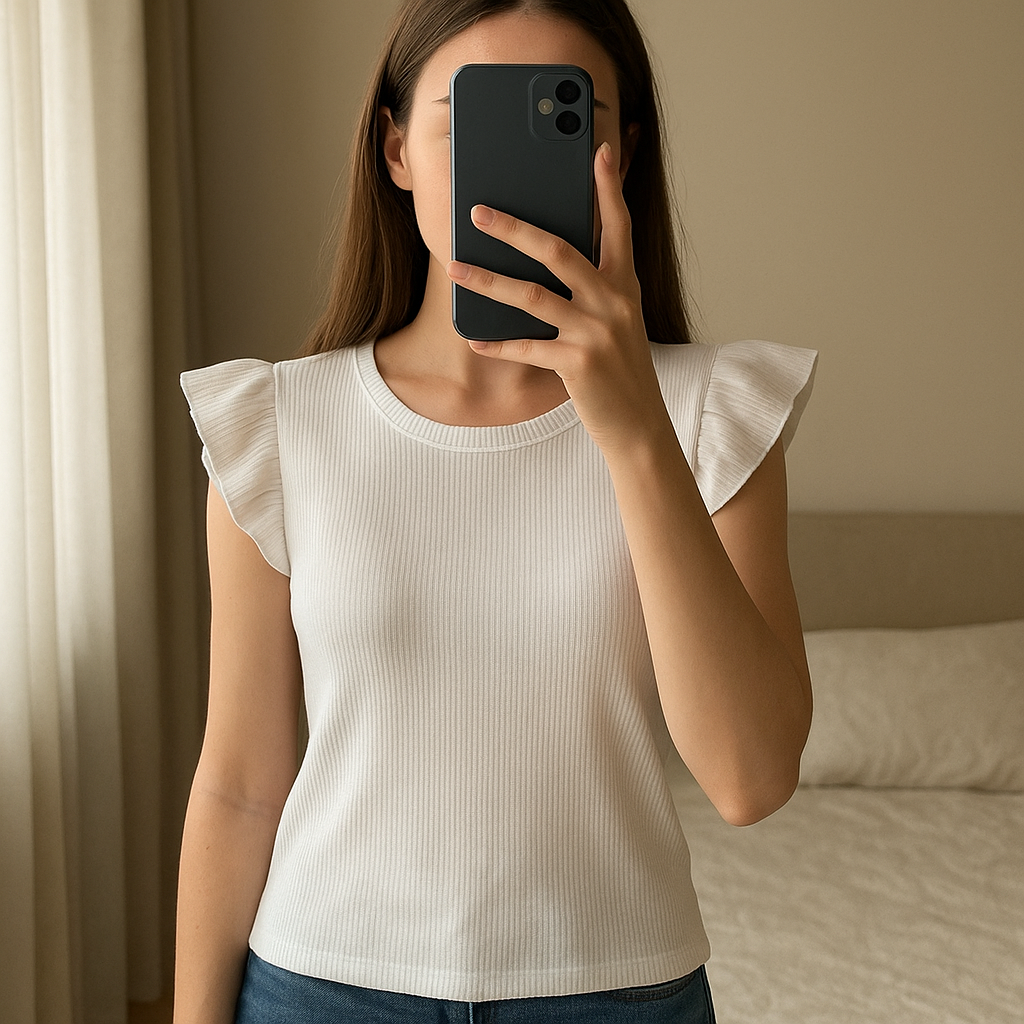 Haut blanc côtelé à volants SHEIN debout, face à la caméra, dans une chambre à la lumière douce, avec une lumière naturelle filtrant par la fenêtre.