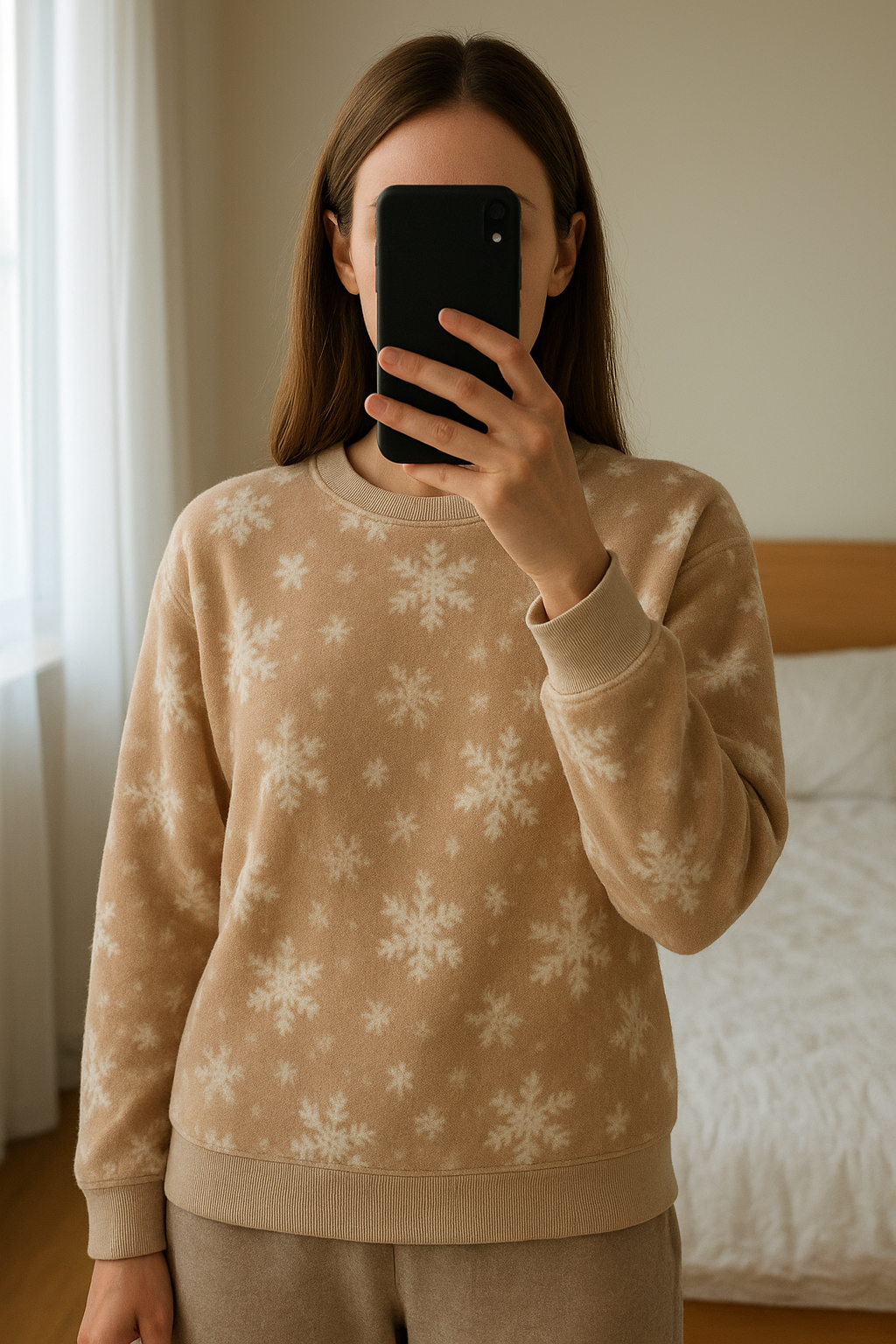 Christmas Kids lounge and sleep fleece standing straight facing the camera, in a softly lit bedroom setting, with gentle natural light filtering through a window.