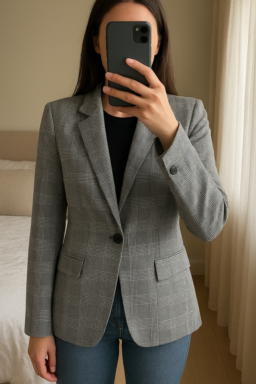 Blazer grigio a quadri taglia M elegante e versatile in piedi, rivolto verso la fotocamera, in una camera da letto con luce soffusa e luce naturale che filtra dalla finestra.
