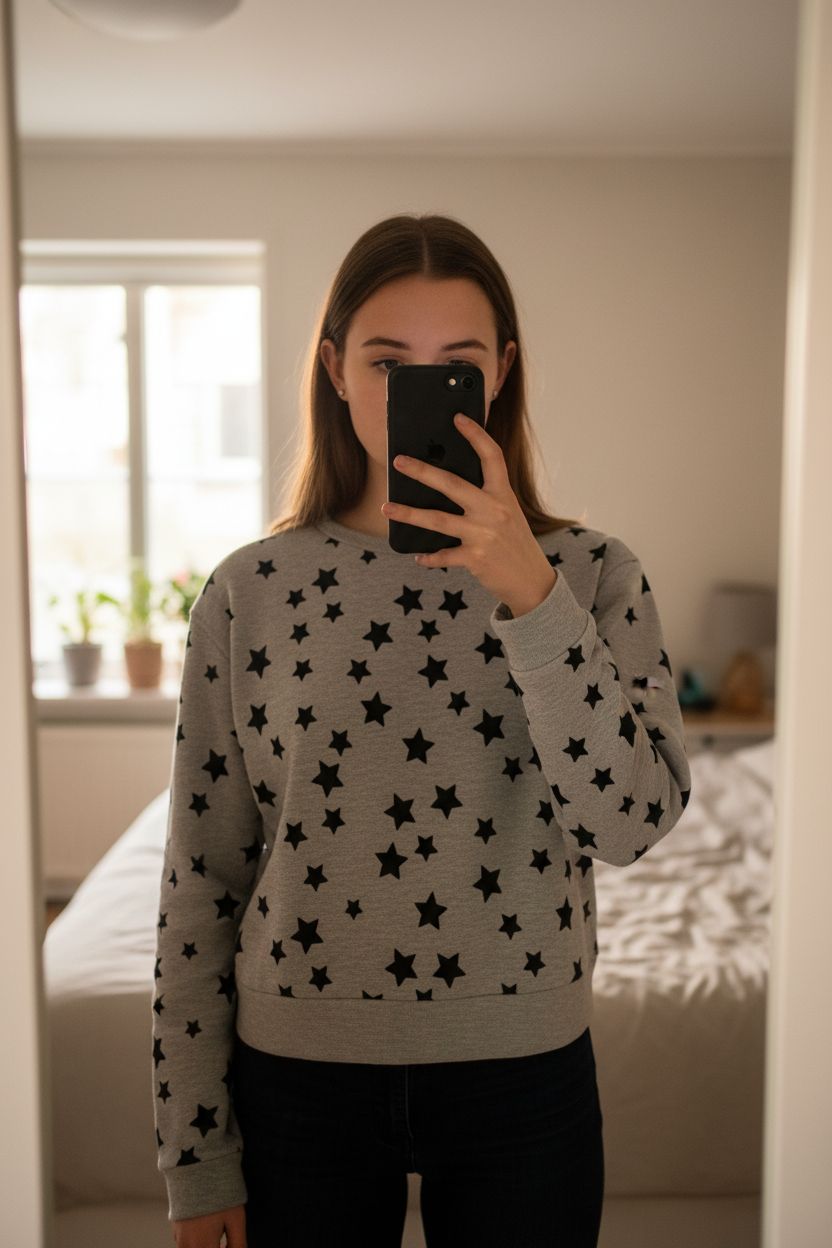 Sweat Maje à étoiles debout, face à la caméra, dans une chambre à la lumière douce, avec une lumière naturelle filtrant par la fenêtre.