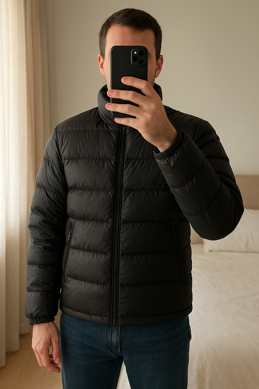 Piumino giubbino nero uomo Icono taglia S in piedi, rivolto verso la fotocamera, in una camera da letto con luce soffusa e luce naturale che filtra dalla finestra.