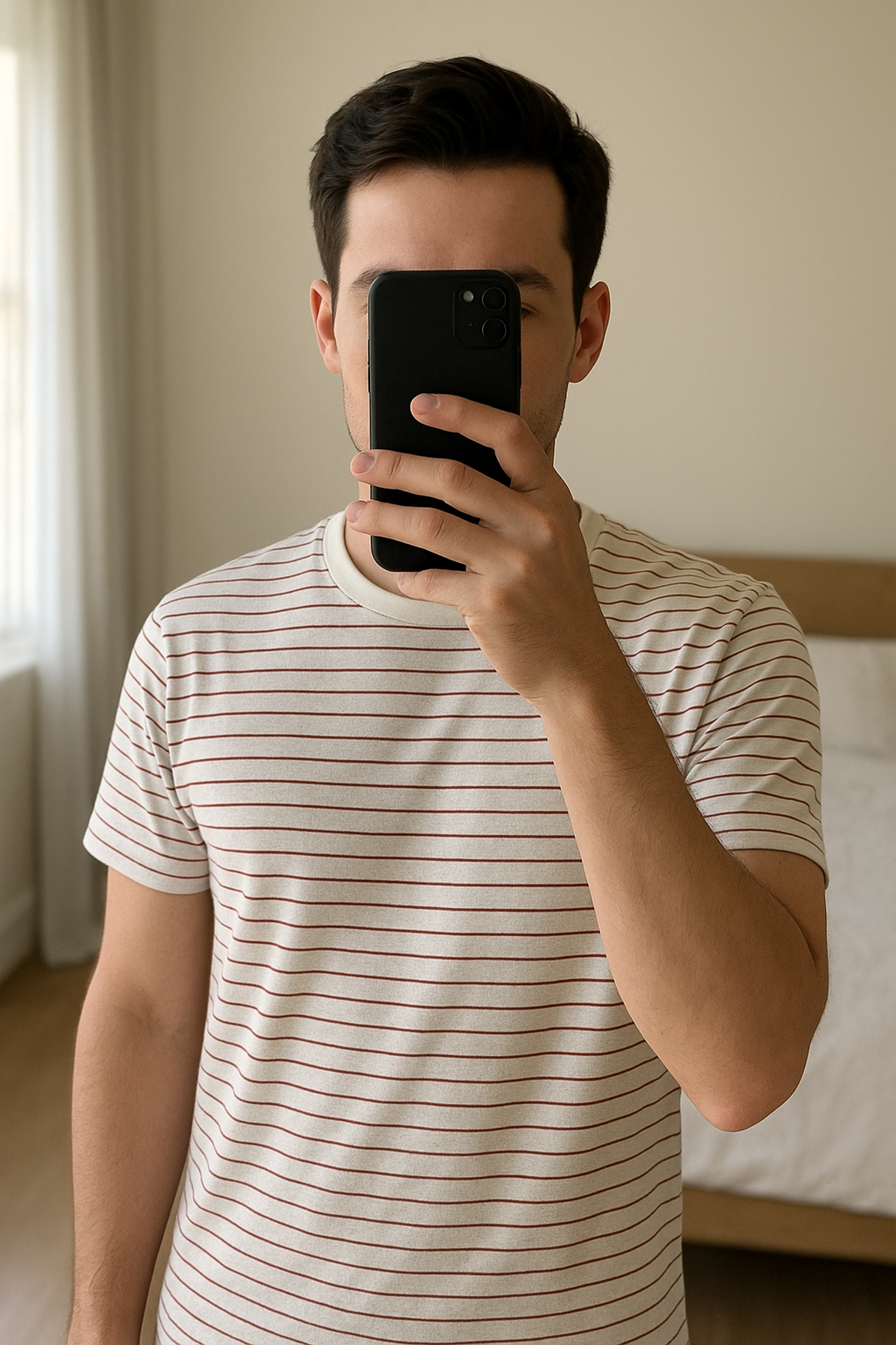 T-shirt marinière debout, face à la caméra, dans une chambre à la lumière douce, avec une lumière naturelle filtrant par la fenêtre.