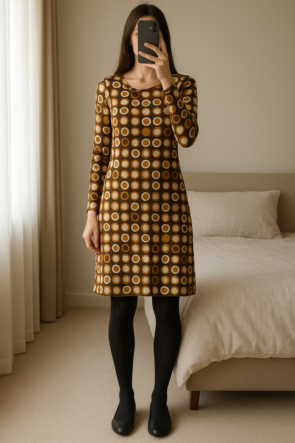 Vestito stretch Maliparmi fantasia geometrica size 42 in piedi, rivolto verso la fotocamera, in una camera da letto con luce soffusa e luce naturale che filtra dalla finestra.