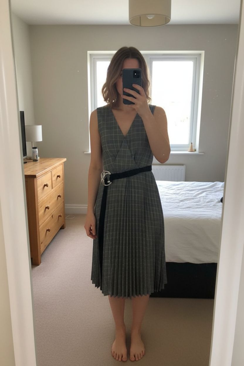 Mango (MNG) Check Pleated Dress – Belted, Flattering Fit standing straight facing the camera, in a softly lit bedroom setting, with gentle natural light filtering through a window.