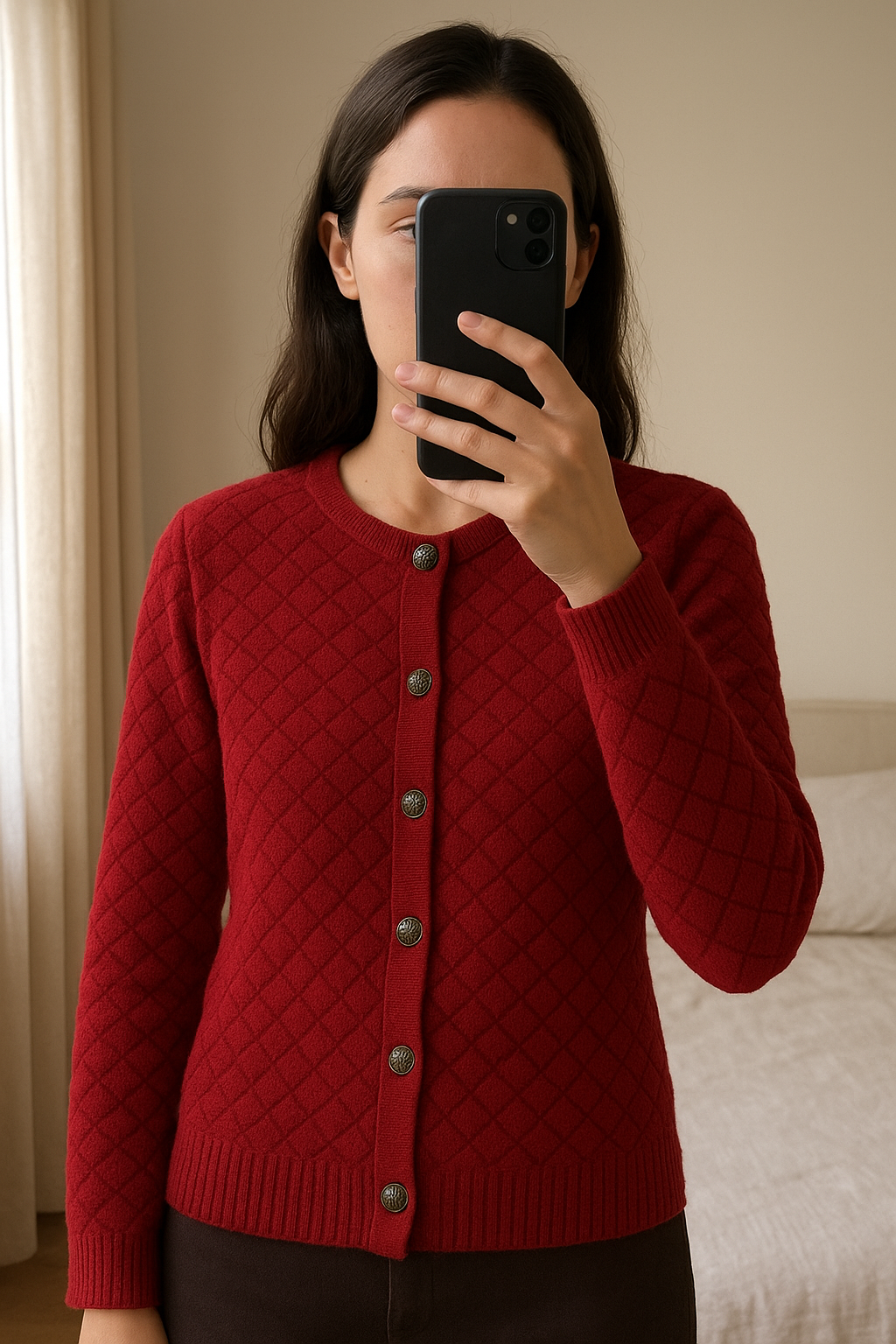 Pull vintage fait en France épais et chaud belle tenue debout, face à la caméra, dans une chambre à la lumière douce, avec une lumière naturelle filtrant par la fenêtre.