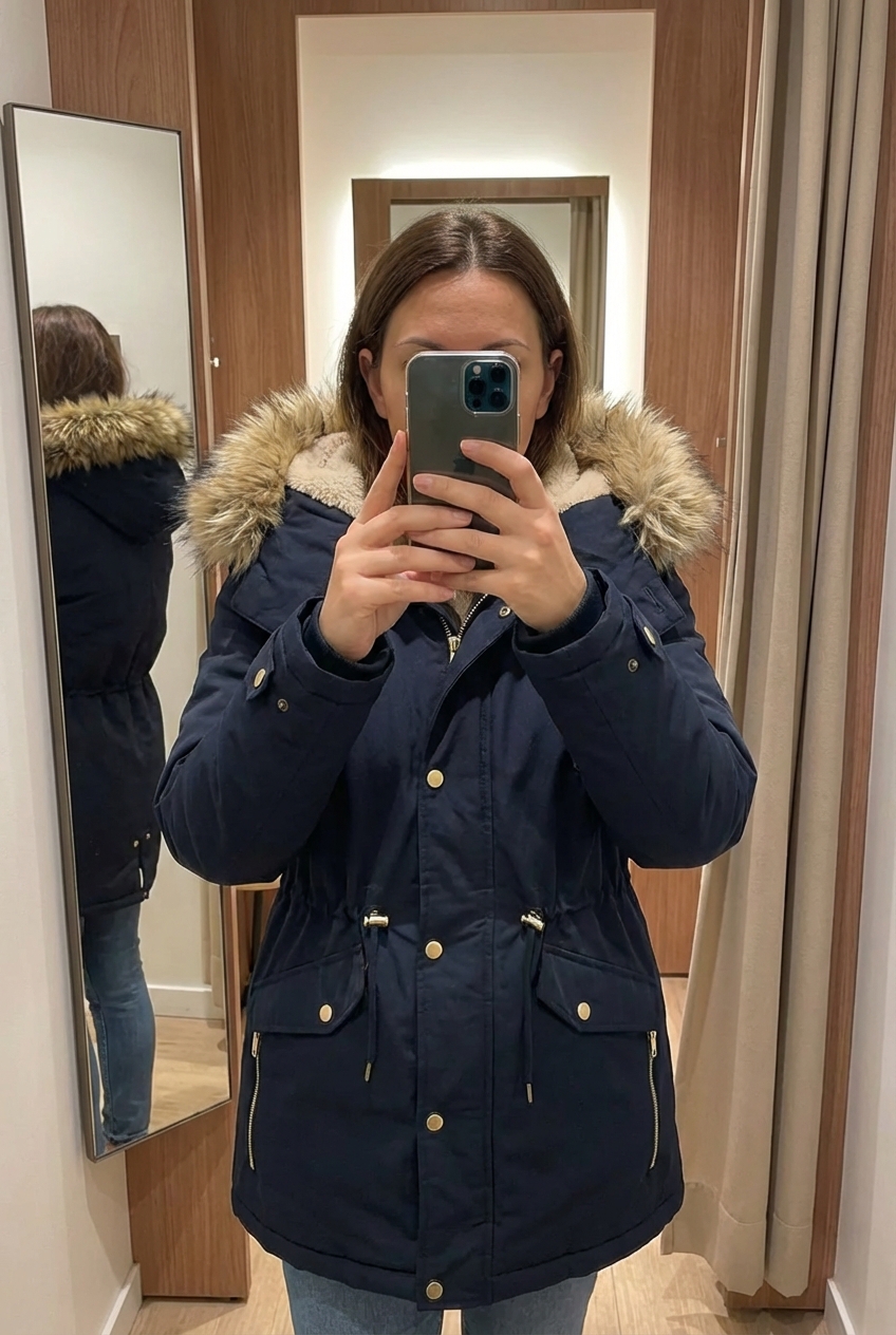 Une personne en Parka noire C&A avec capuche à fausse fourrure – Taille 42 debout, face à la caméra, dans une cabine d’essayage de style boutique avec un miroir et une décoration neutre.