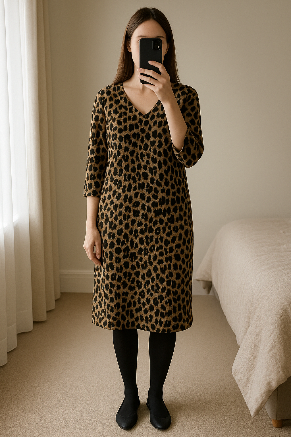 Robe léopard debout, face à la caméra, dans une chambre à la lumière douce, avec une lumière naturelle filtrant par la fenêtre.