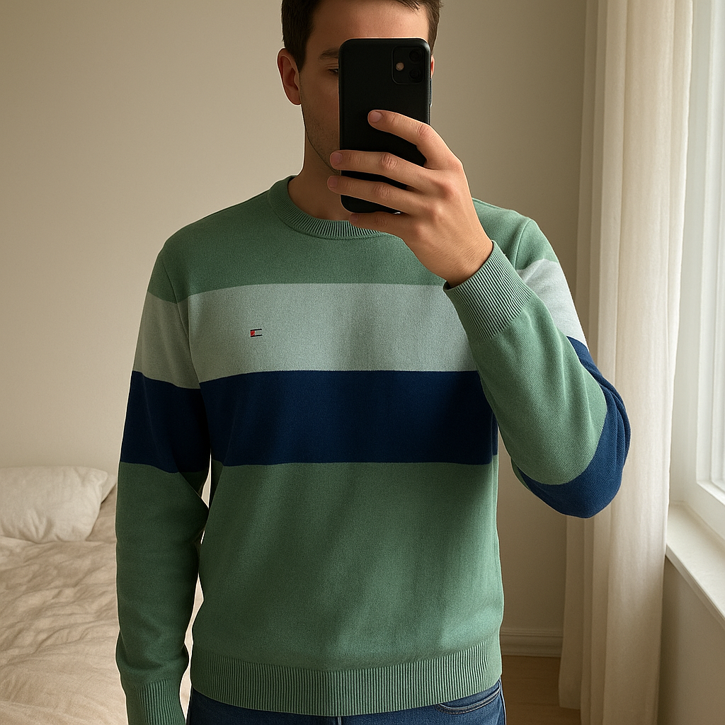 Pull Col Rond Tommy Hilfiger 100% coton Bleu à rayures S debout, face à la caméra, dans une chambre à la lumière douce, avec une lumière naturelle filtrant par la fenêtre.