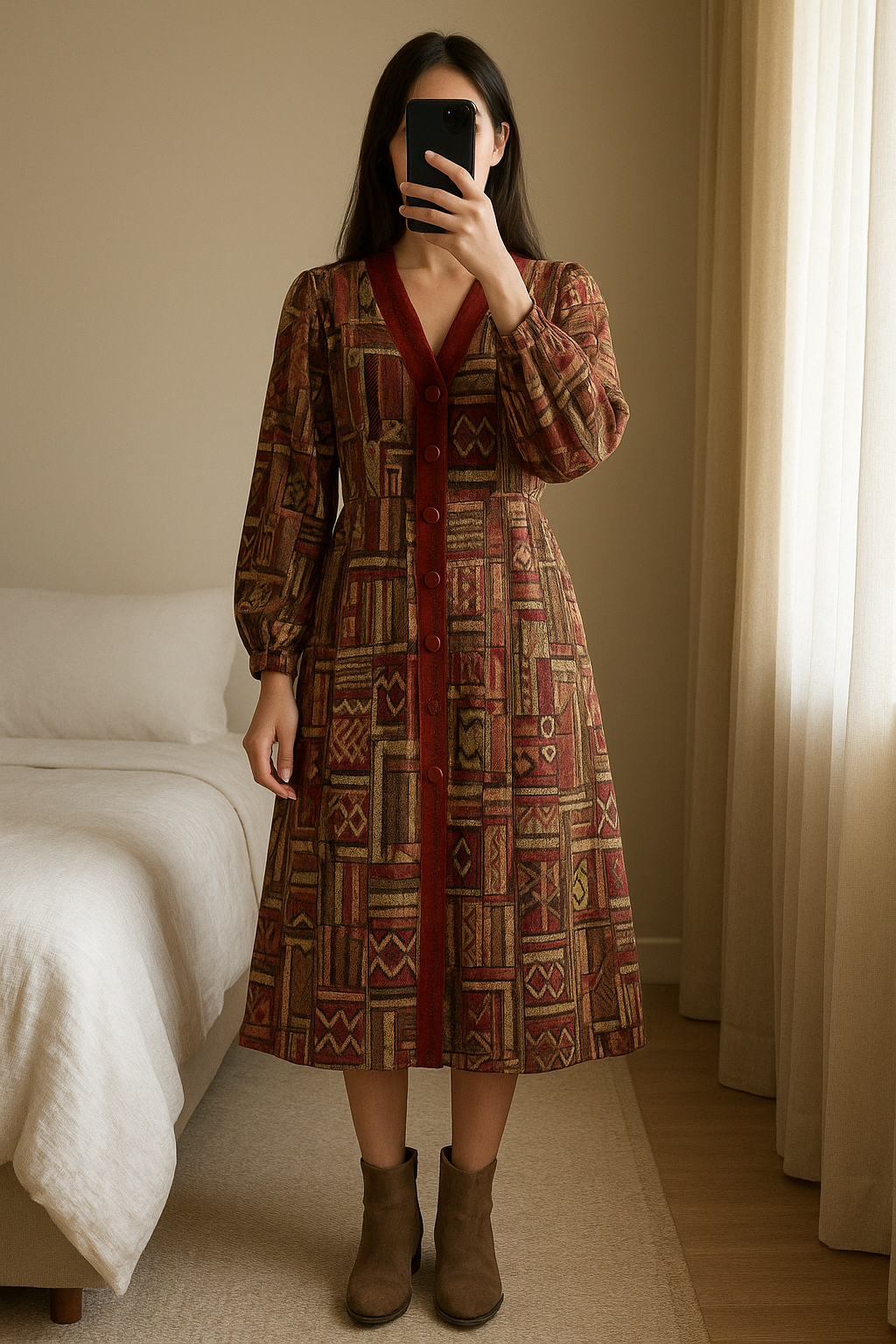 Veste longue / pardessus femme debout, face à la caméra, dans une chambre à la lumière douce, avec une lumière naturelle filtrant par la fenêtre.