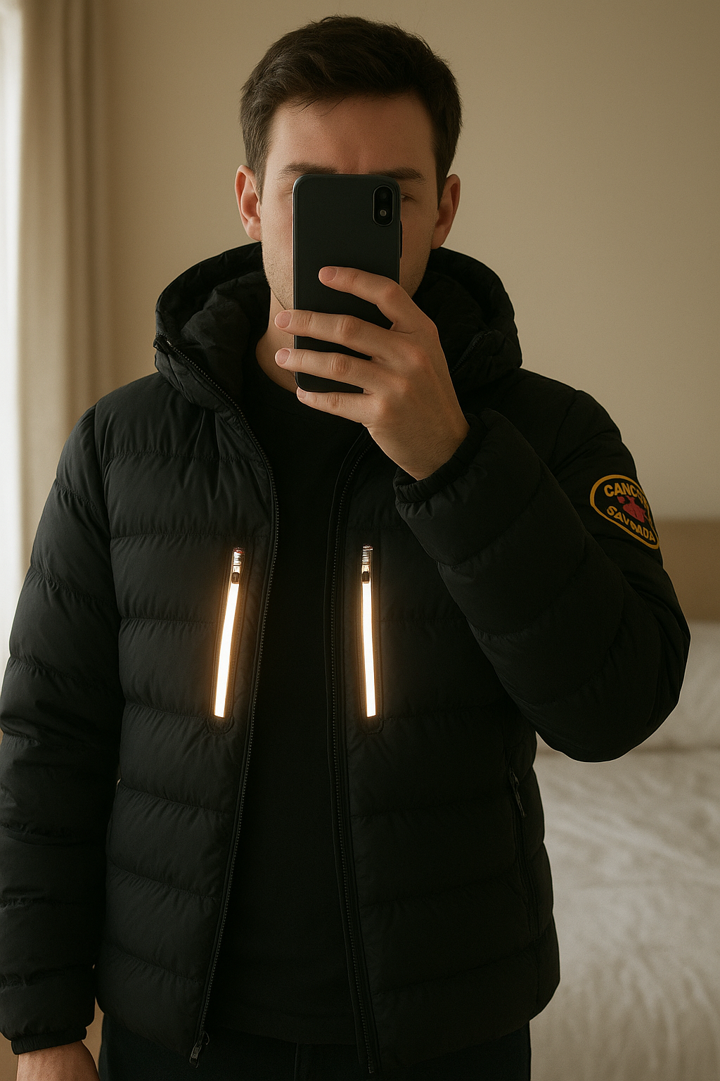 Doudoune Canada zavetti debout, face à la caméra, dans une chambre à la lumière douce, avec une lumière naturelle filtrant par la fenêtre.