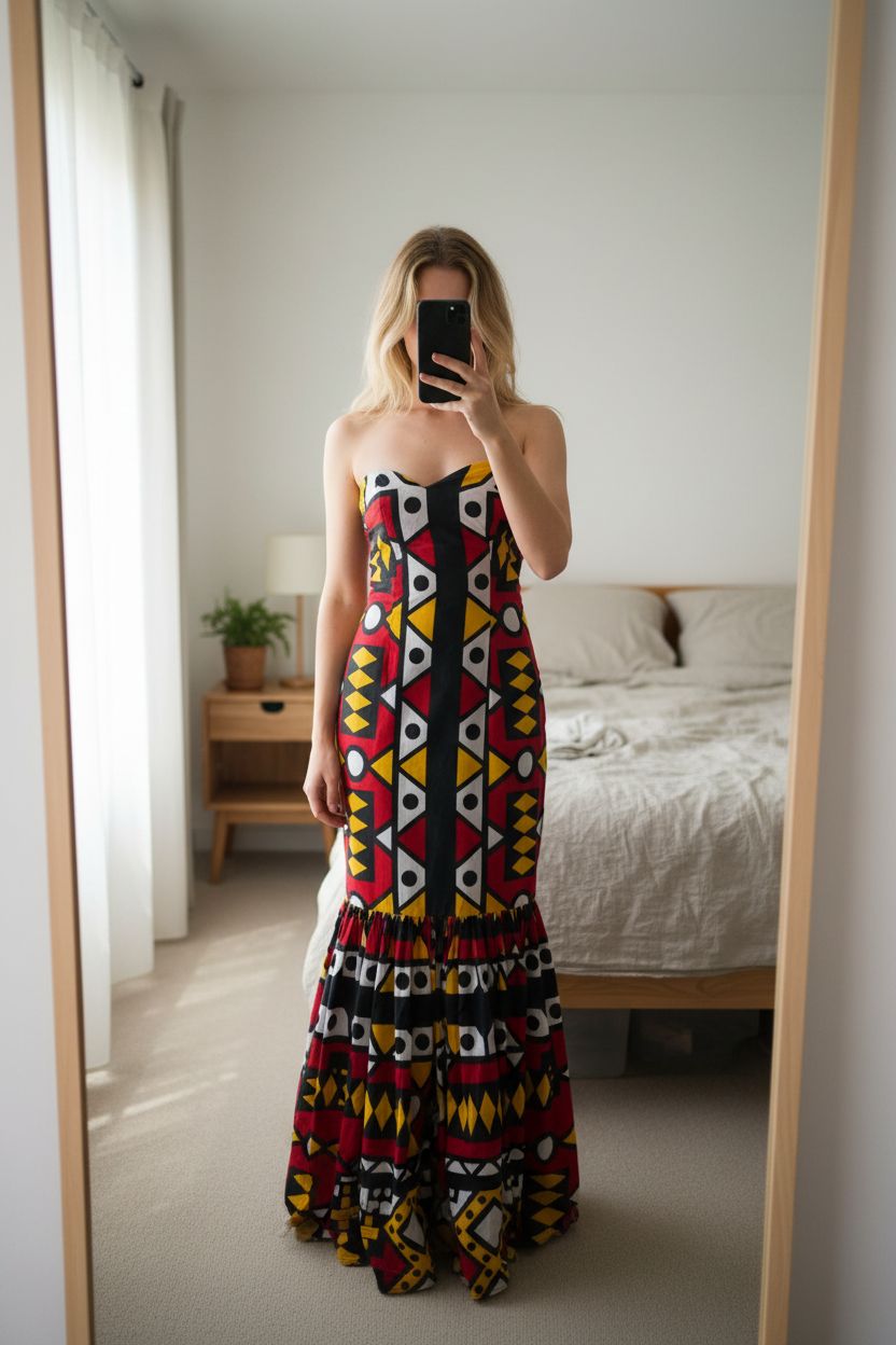 Robe longue tissu wax debout, face à la caméra, dans une chambre à la lumière douce, avec une lumière naturelle filtrant par la fenêtre.