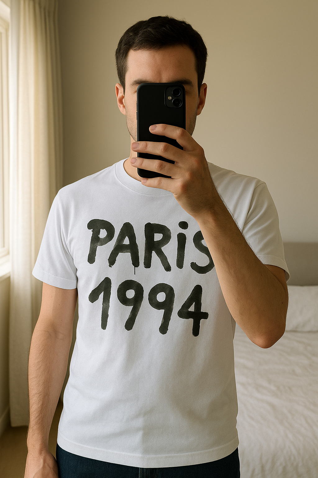 Tee Shirt Montmartre Paris debout, face à la caméra, dans une chambre à la lumière douce, avec une lumière naturelle filtrant par la fenêtre.