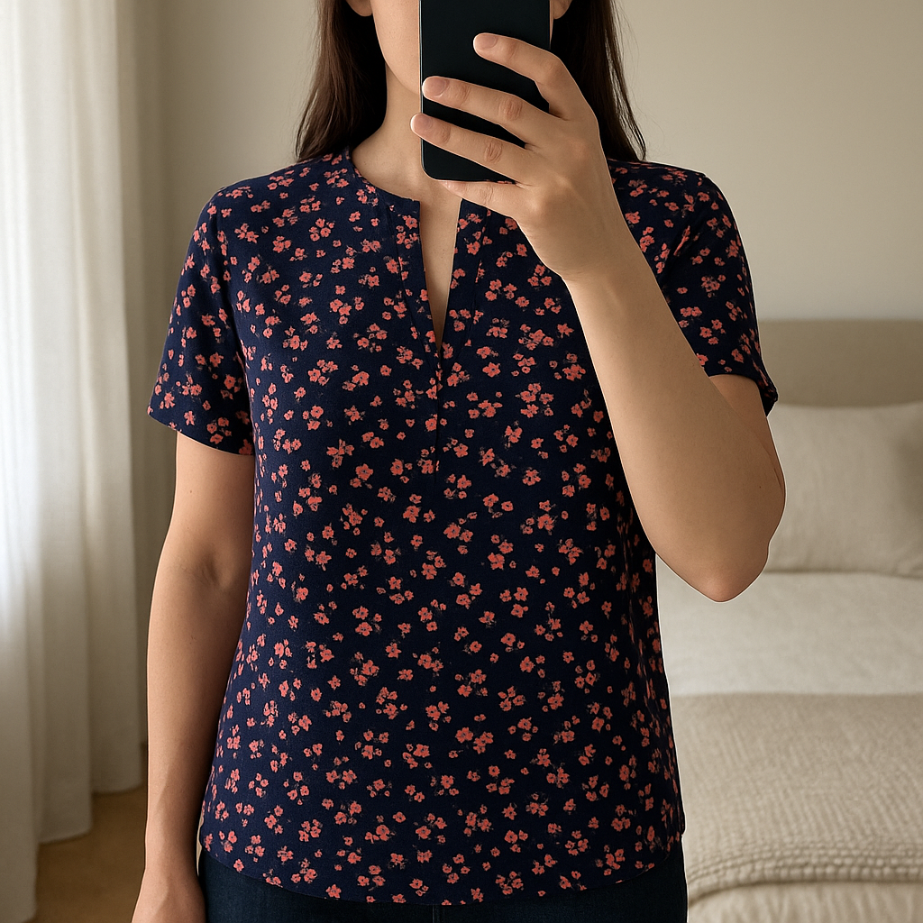 Saint Tropez Floral Top – Size 16 – Very Good Condition standing straight facing the camera, in a softly lit bedroom setting, with gentle natural light filtering through a window.