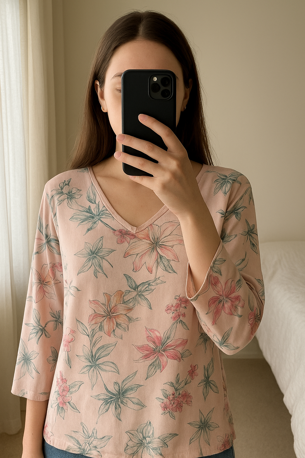 Pull très léger à fleurs debout, face à la caméra, dans une chambre à la lumière douce, avec une lumière naturelle filtrant par la fenêtre.