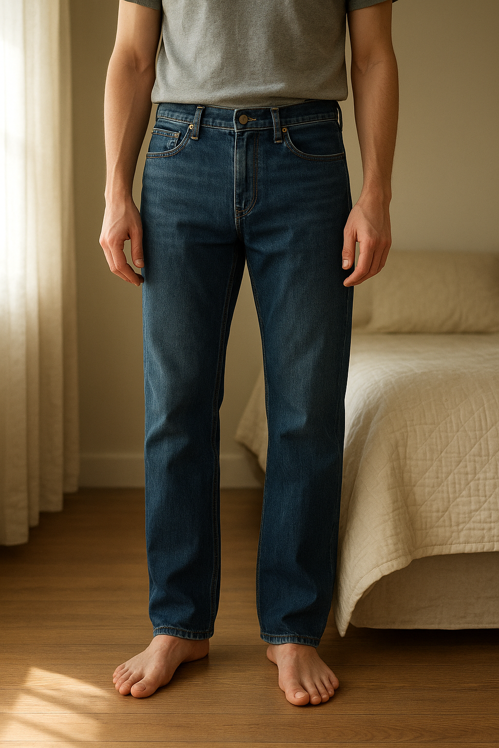 jeans zara debout, face à la caméra, dans une chambre à la lumière douce, avec une lumière naturelle filtrant par la fenêtre.