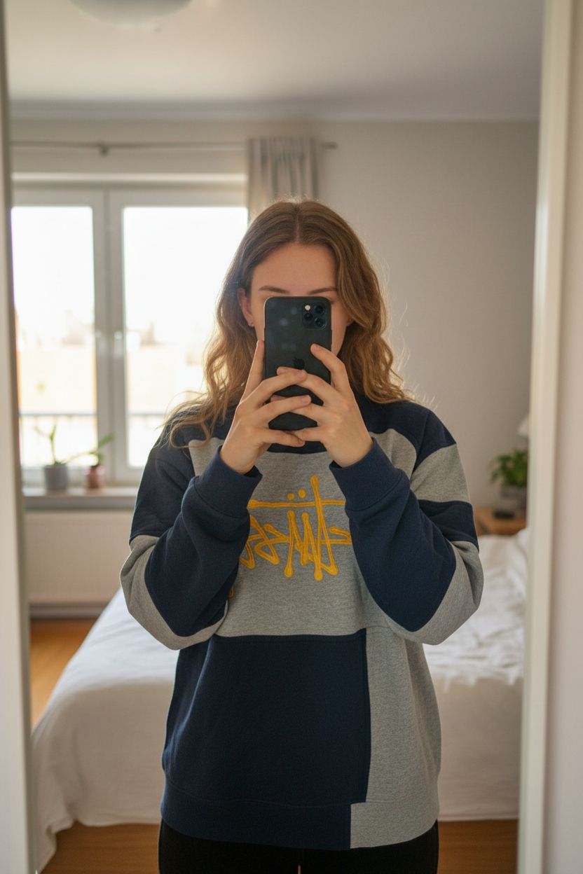 Felpa Stüssy Rework in piedi, rivolto verso la fotocamera, in una camera da letto con luce soffusa e luce naturale che filtra dalla finestra.