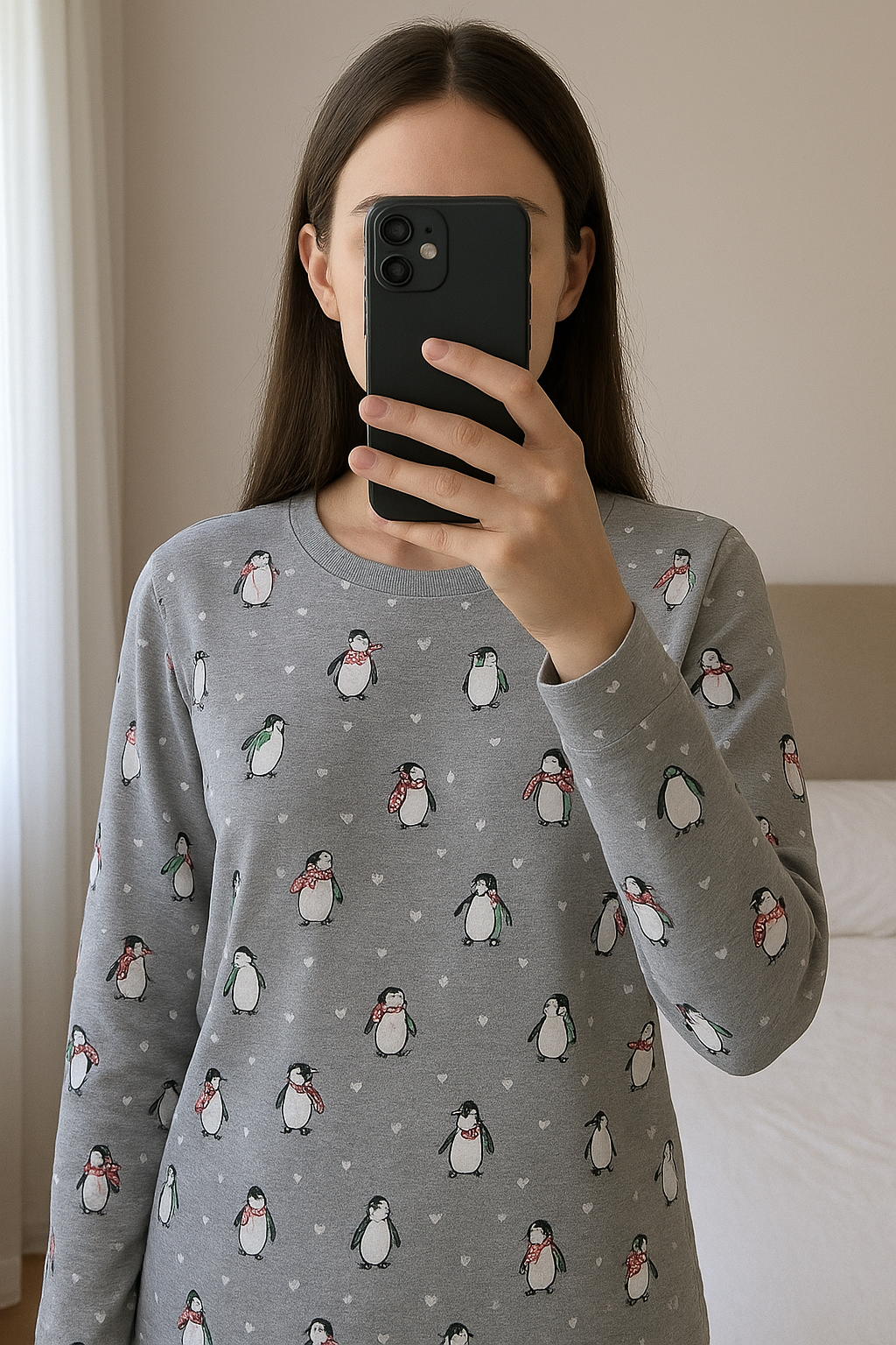 Haut pyjamas tout doux taille M/L debout, face à la caméra, dans une chambre à la lumière douce, avec une lumière naturelle filtrant par la fenêtre.