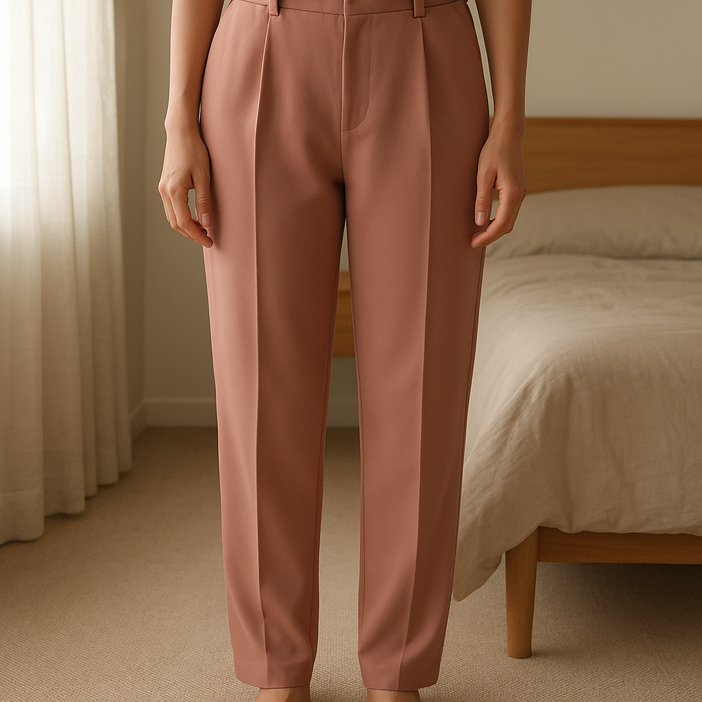 Pantalon vieux rose debout, face à la caméra, dans une chambre à la lumière douce, avec une lumière naturelle filtrant par la fenêtre.