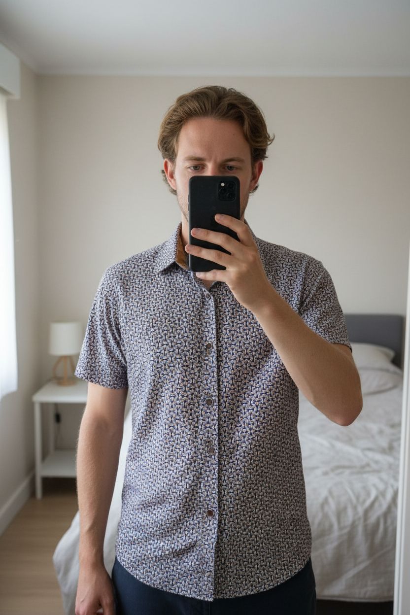 Chemise homme manches courtes debout, face à la caméra, dans une chambre à la lumière douce, avec une lumière naturelle filtrant par la fenêtre.