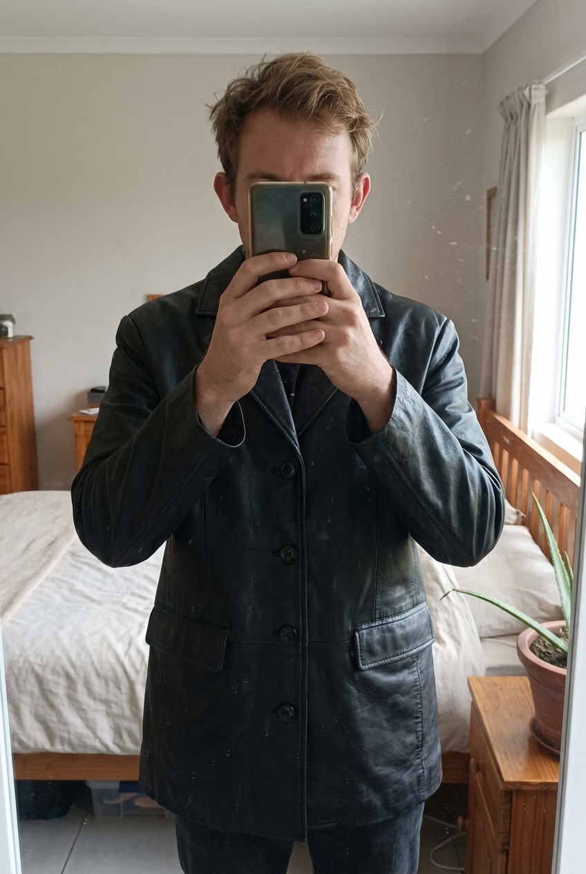 Manteau cuir noir neuf Jamie page taille 48 - 4XL debout, face à la caméra, dans une chambre à la lumière douce, avec une lumière naturelle filtrant par la fenêtre.
