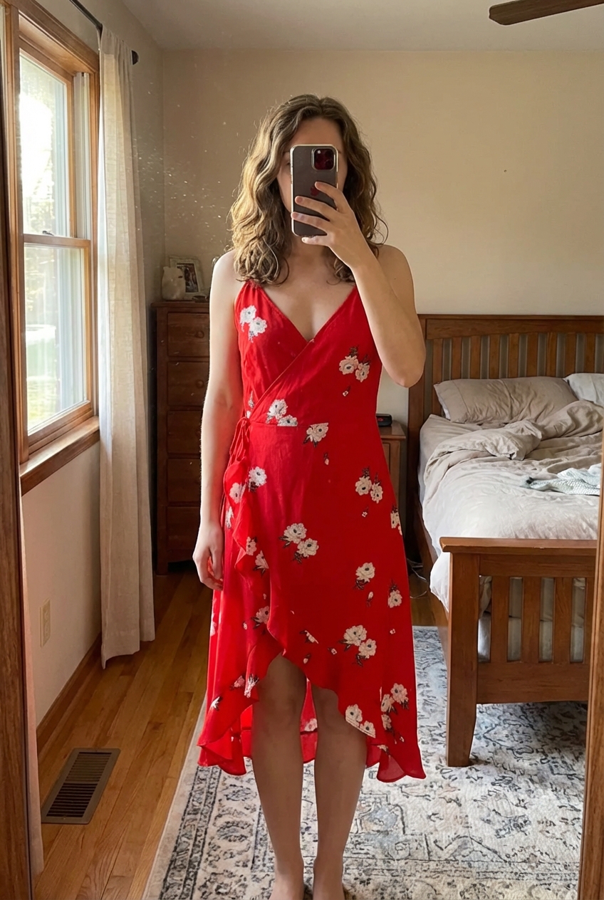 Robe Divided rouge fleurs bretelles fines debout, face à la caméra, dans une chambre à la lumière douce, avec une lumière naturelle filtrant par la fenêtre.