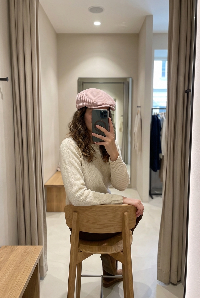 Una persona in Coppola in velluto a coste 100% cotone rosa cipria – Stile elegante seduto su una sedia alta, con postura rilassata, in un camerino in stile boutique con specchio e decorazioni neutre.