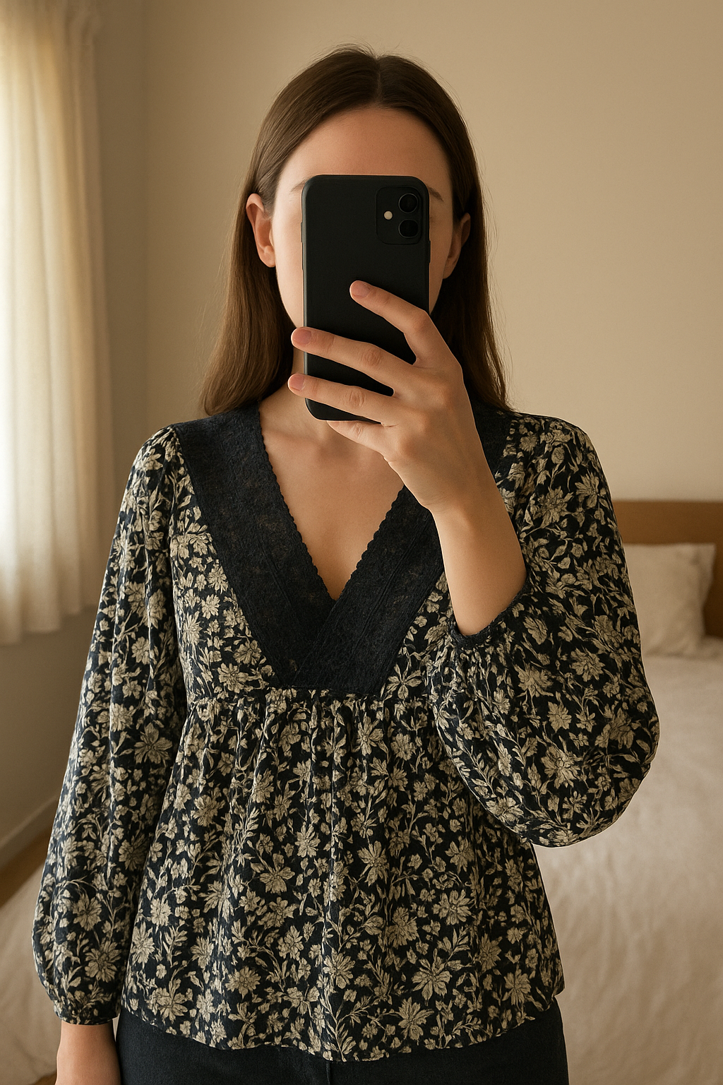 Chemisier antik batik taille 40 debout, face à la caméra, dans une chambre à la lumière douce, avec une lumière naturelle filtrant par la fenêtre.