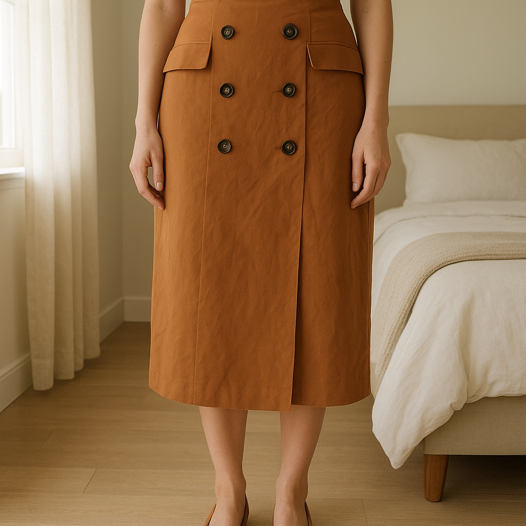 Jupe crayon camel taille 38 neuve avec étiquette debout, face à la caméra, dans une chambre à la lumière douce, avec une lumière naturelle filtrant par la fenêtre.