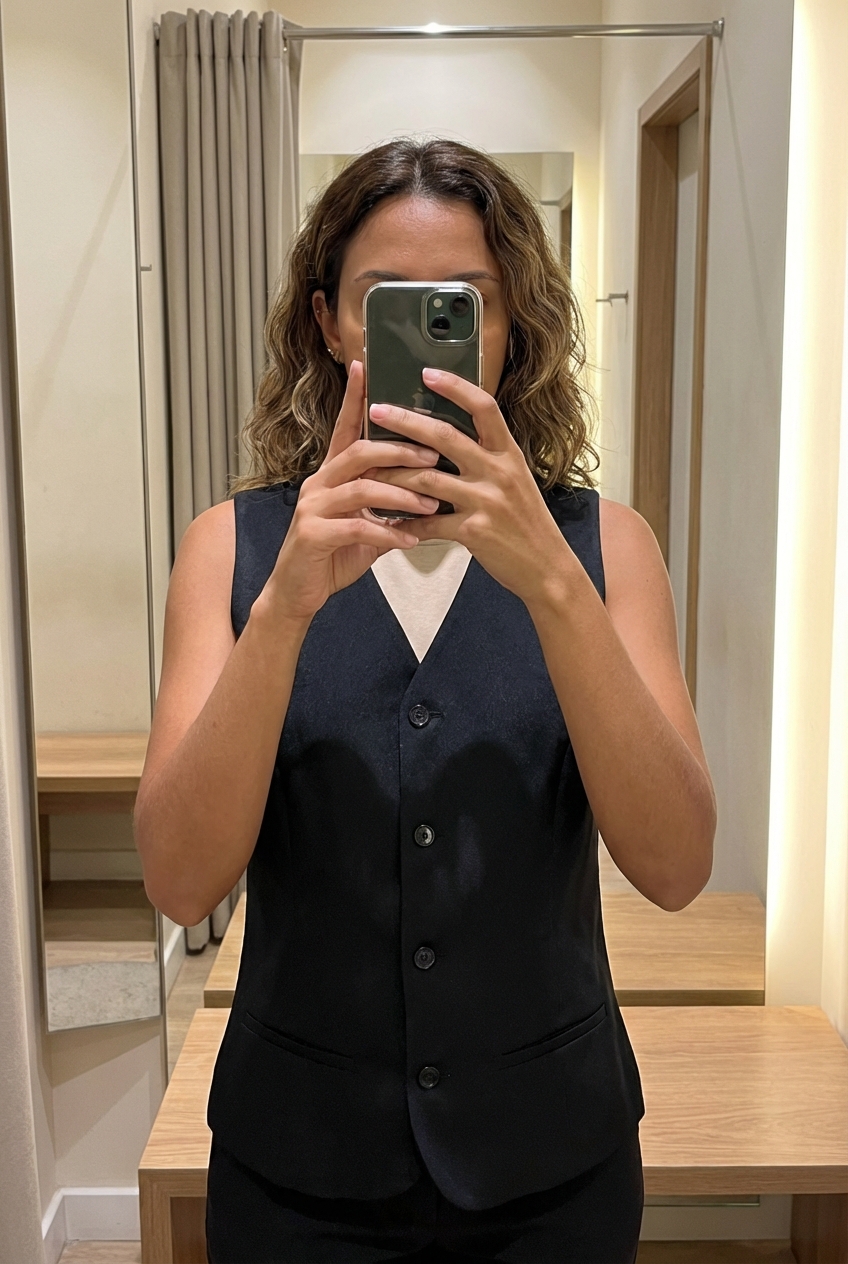 Una persona in Gilet donna elegante – Taglia S Cod.3234 in piedi, rivolto verso la fotocamera, in un camerino in stile boutique con specchio e decorazioni neutre.
