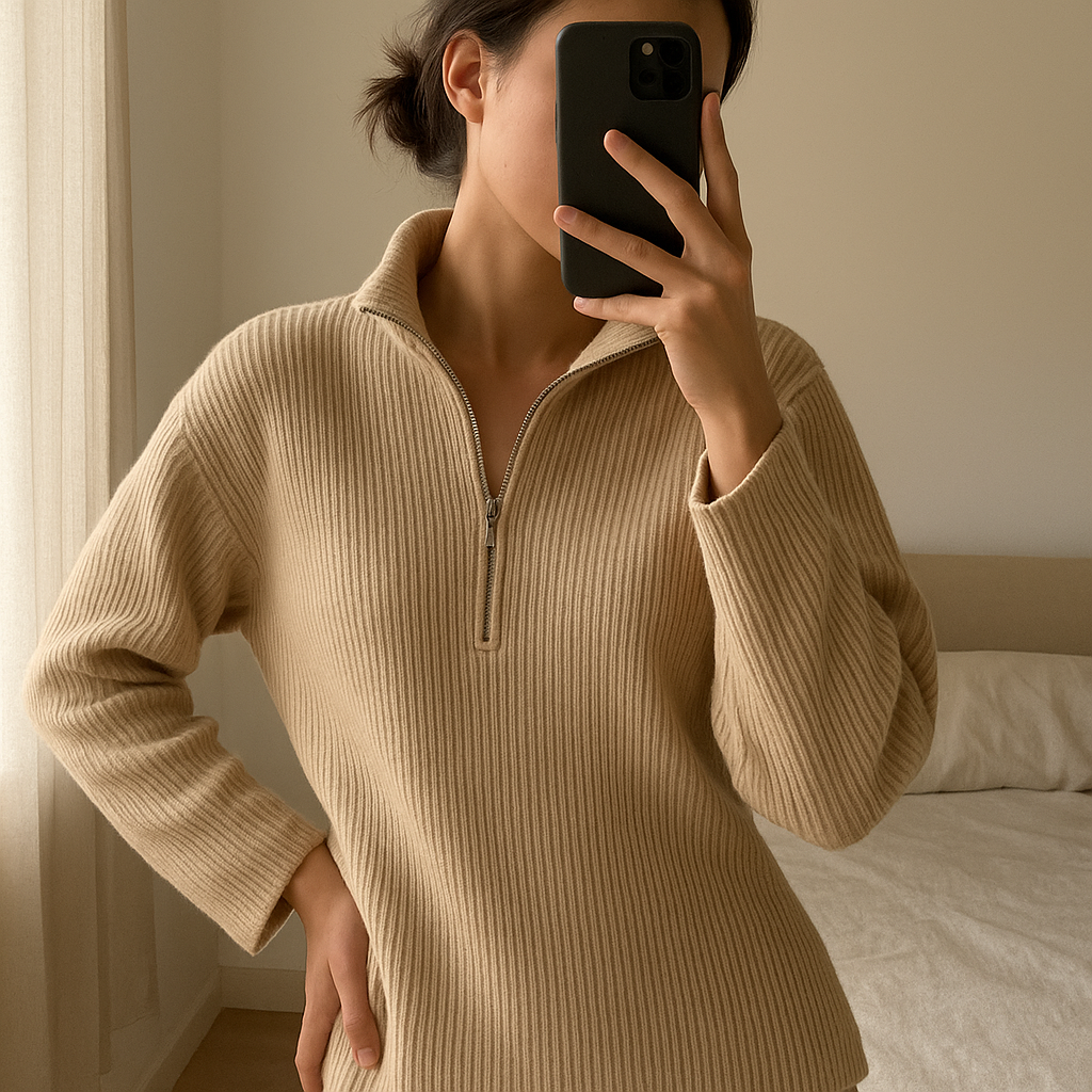 Una persona in Pull beige Zara femme M- Maglione Donna Zara inarcando leggermente la schiena per una posa dinamica, in una camera da letto con luce soffusa e luce naturale che filtra dalla finestra.