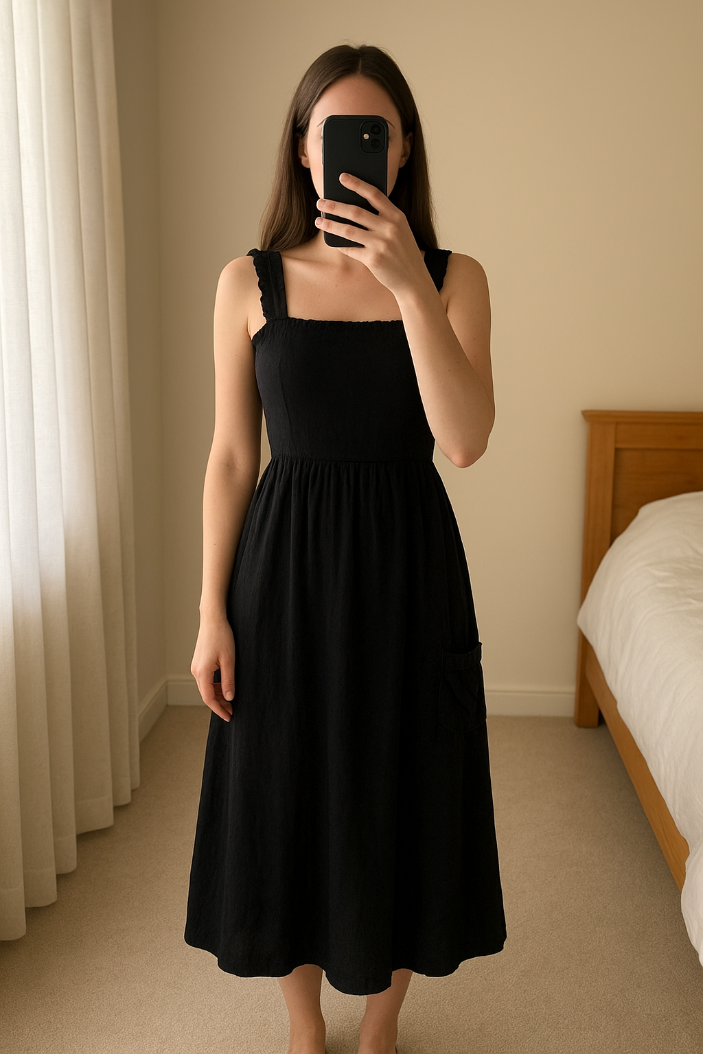 Nobody’s Child 100% Cotton Maxi-Dress | Size 16 | BNWT standing straight facing the camera, in a softly lit bedroom setting, with gentle natural light filtering through a window.