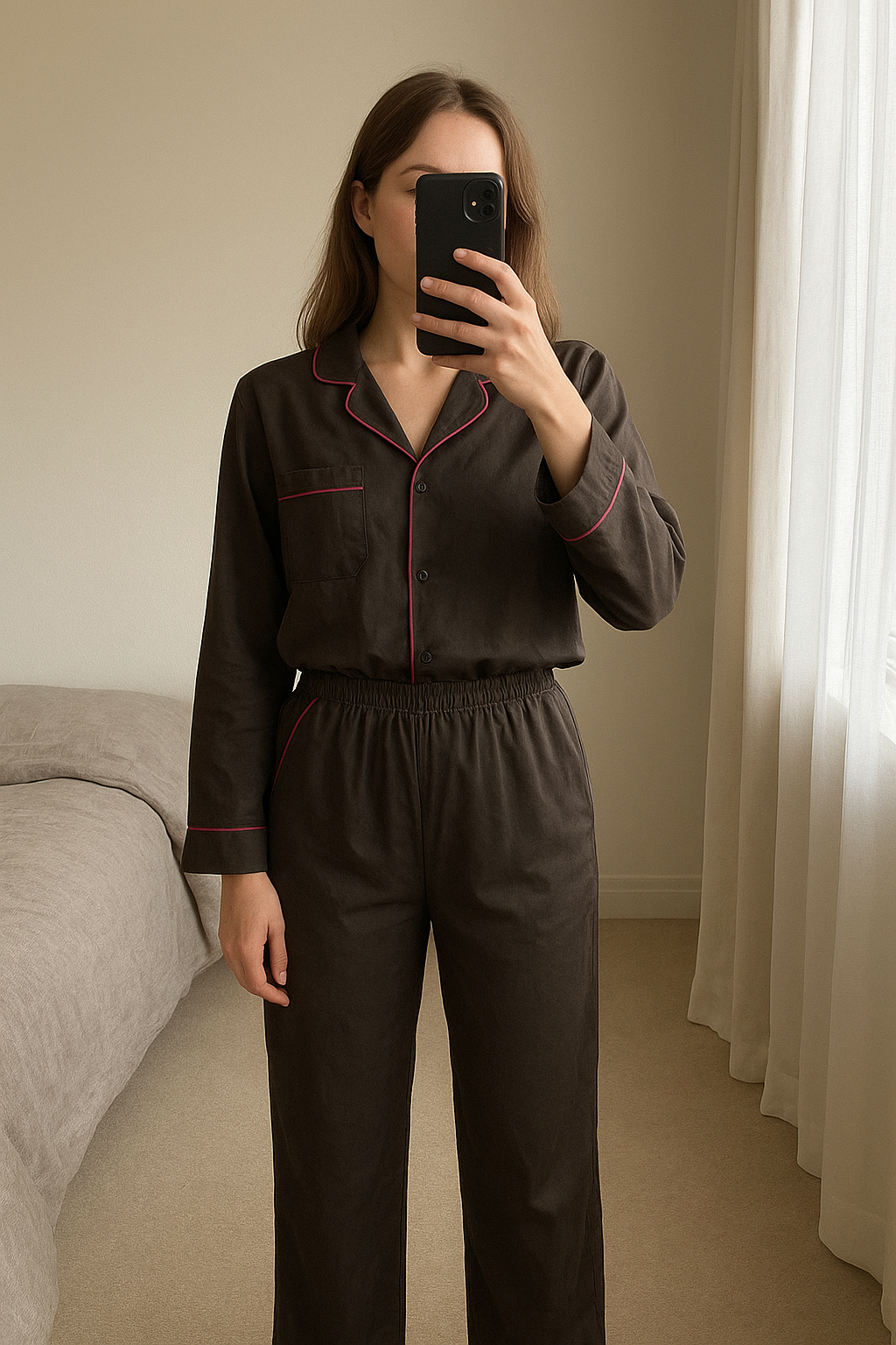 Pyjama en satin avec détail rose debout, face à la caméra, dans une chambre à la lumière douce, avec une lumière naturelle filtrant par la fenêtre.