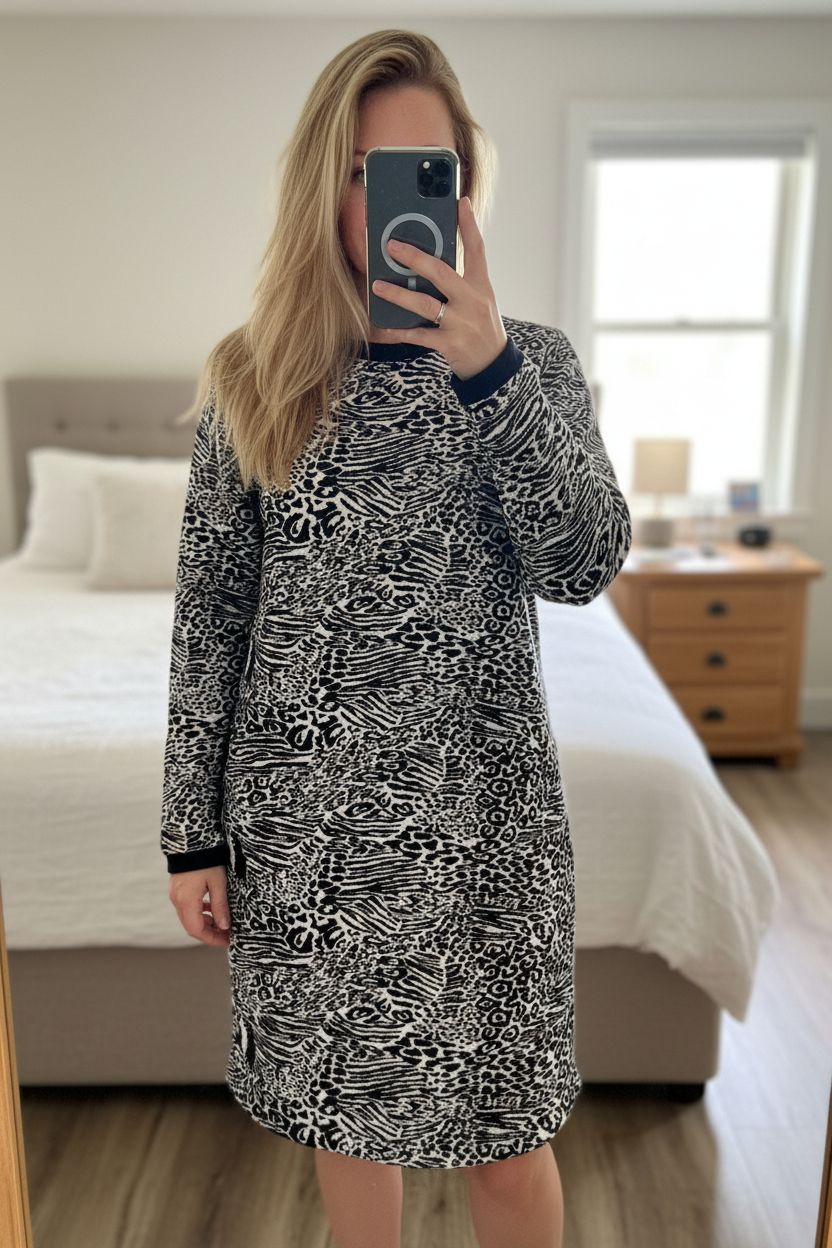 M&S Indigo Animal Zebra Print Jumper Dress UK16 Black + White Casual standing straight facing the camera, in a softly lit bedroom setting, with gentle natural light filtering through a window.