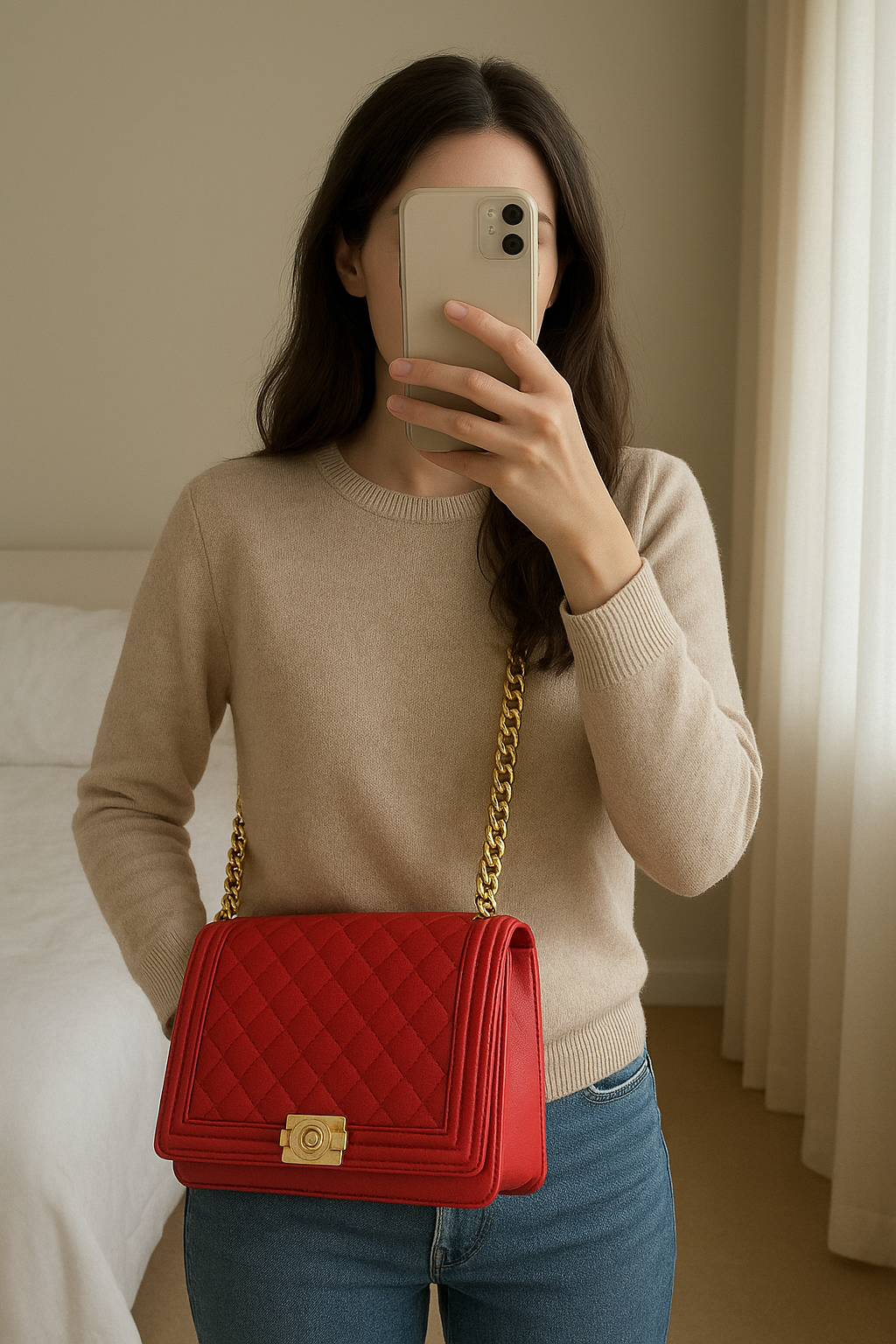 Sac femme rouge debout, face à la caméra, dans une chambre à la lumière douce, avec une lumière naturelle filtrant par la fenêtre.