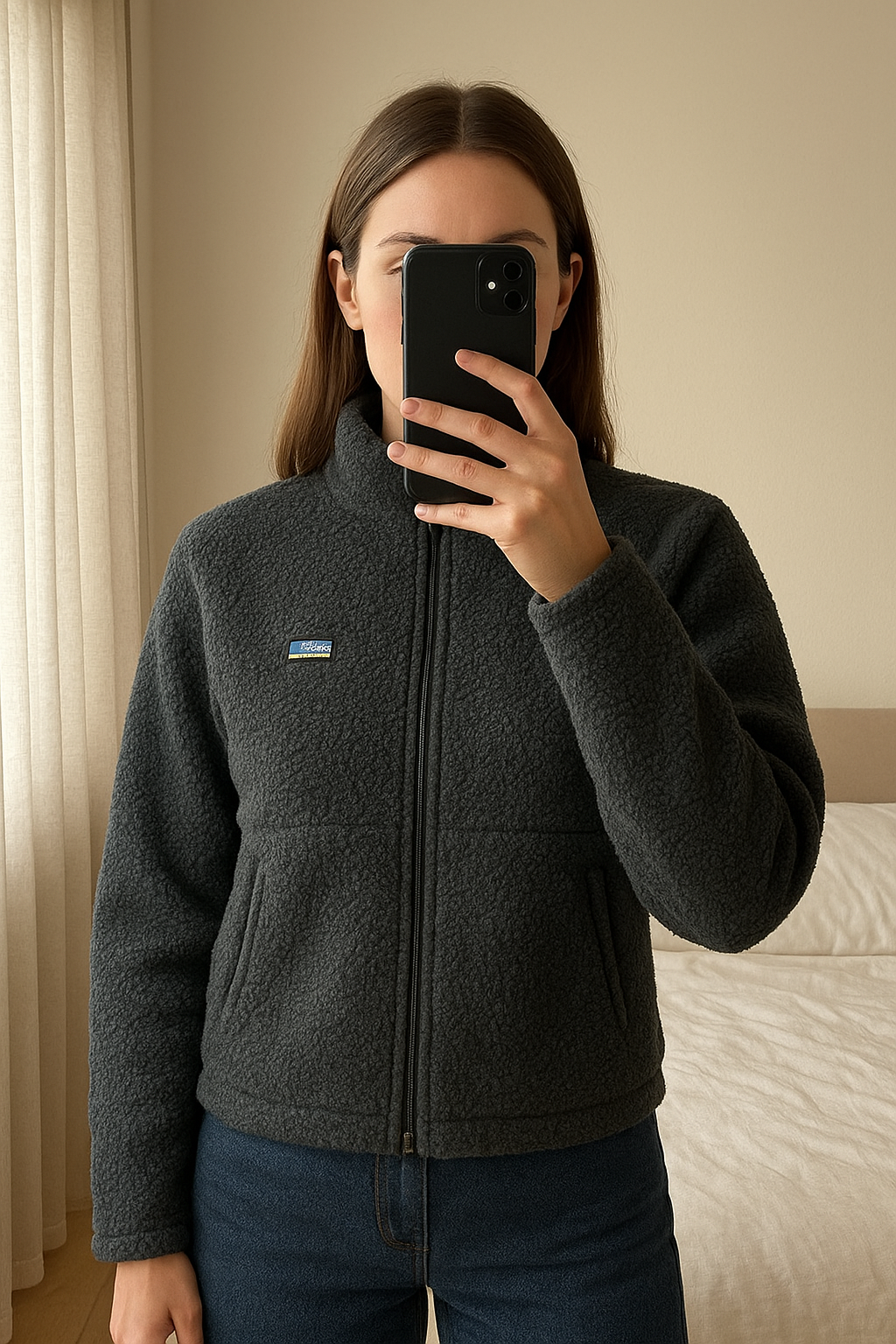 Polaire AMV Hoktown neuve M/L debout, face à la caméra, dans une chambre à la lumière douce, avec une lumière naturelle filtrant par la fenêtre.