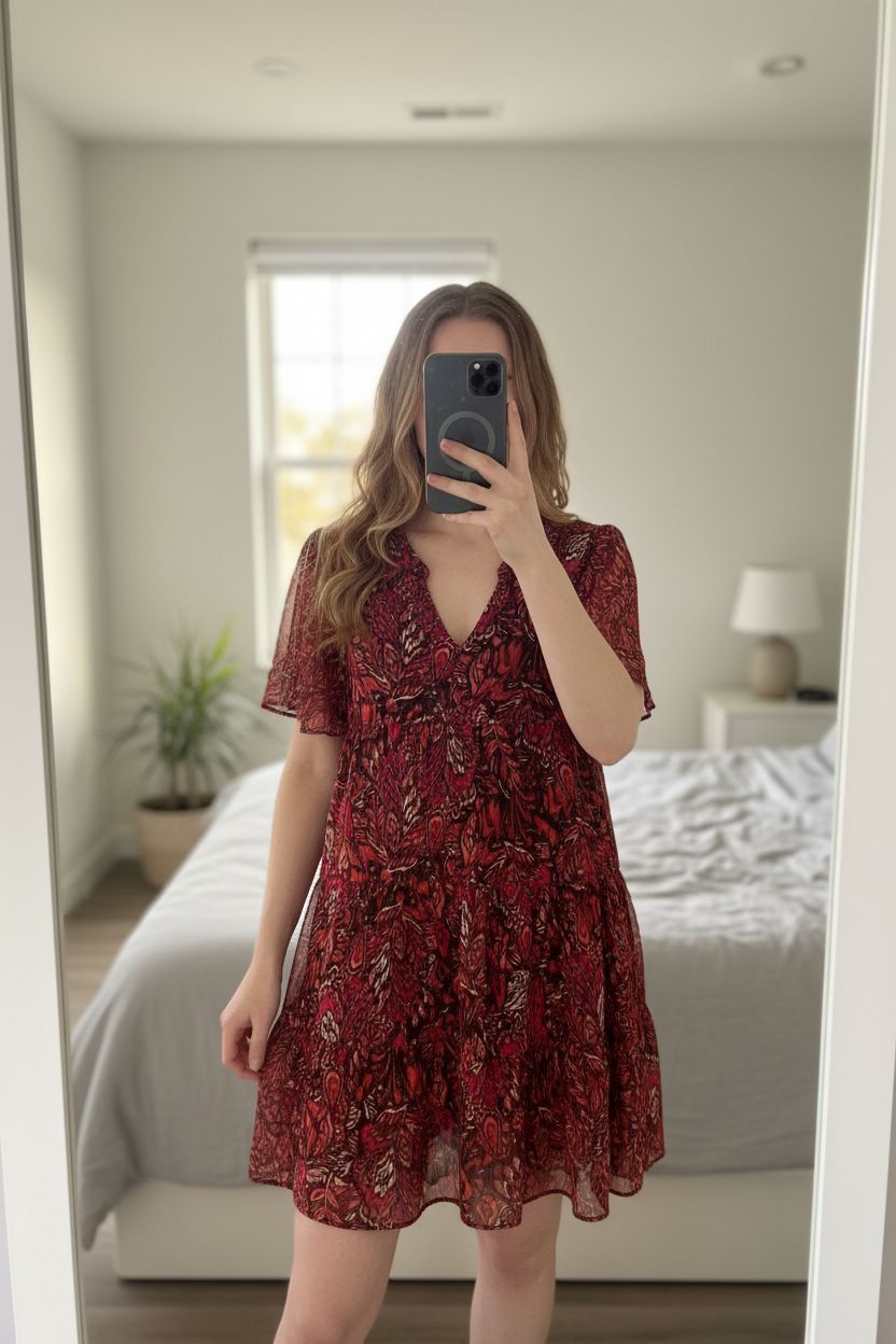 Robe legere Breal 38 (voilage doublé) debout, face à la caméra, dans une chambre à la lumière douce, avec une lumière naturelle filtrant par la fenêtre.