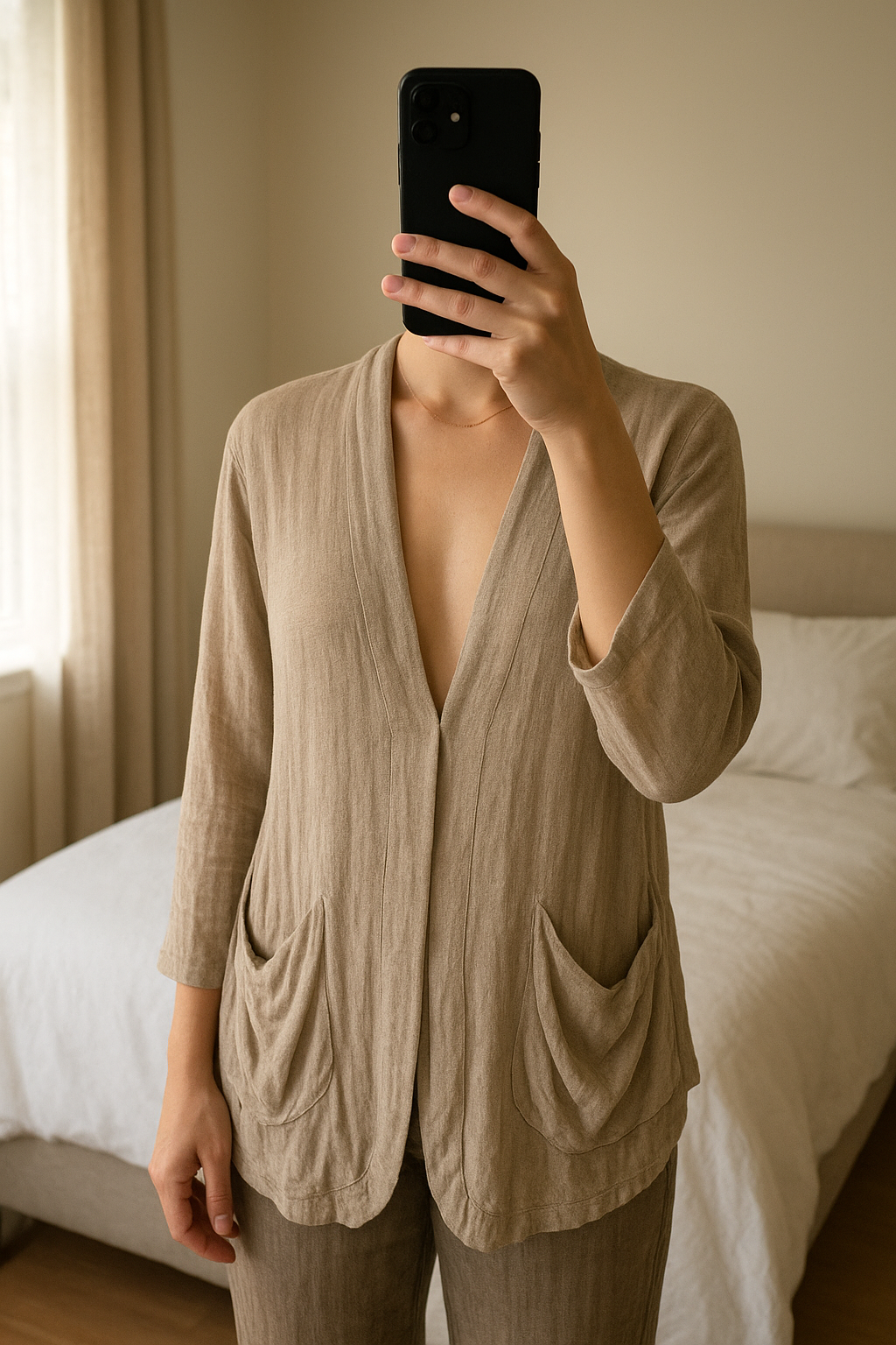 Long Light Linen mix Cardigan standing straight facing the camera, in a softly lit bedroom setting, with gentle natural light filtering through a window.