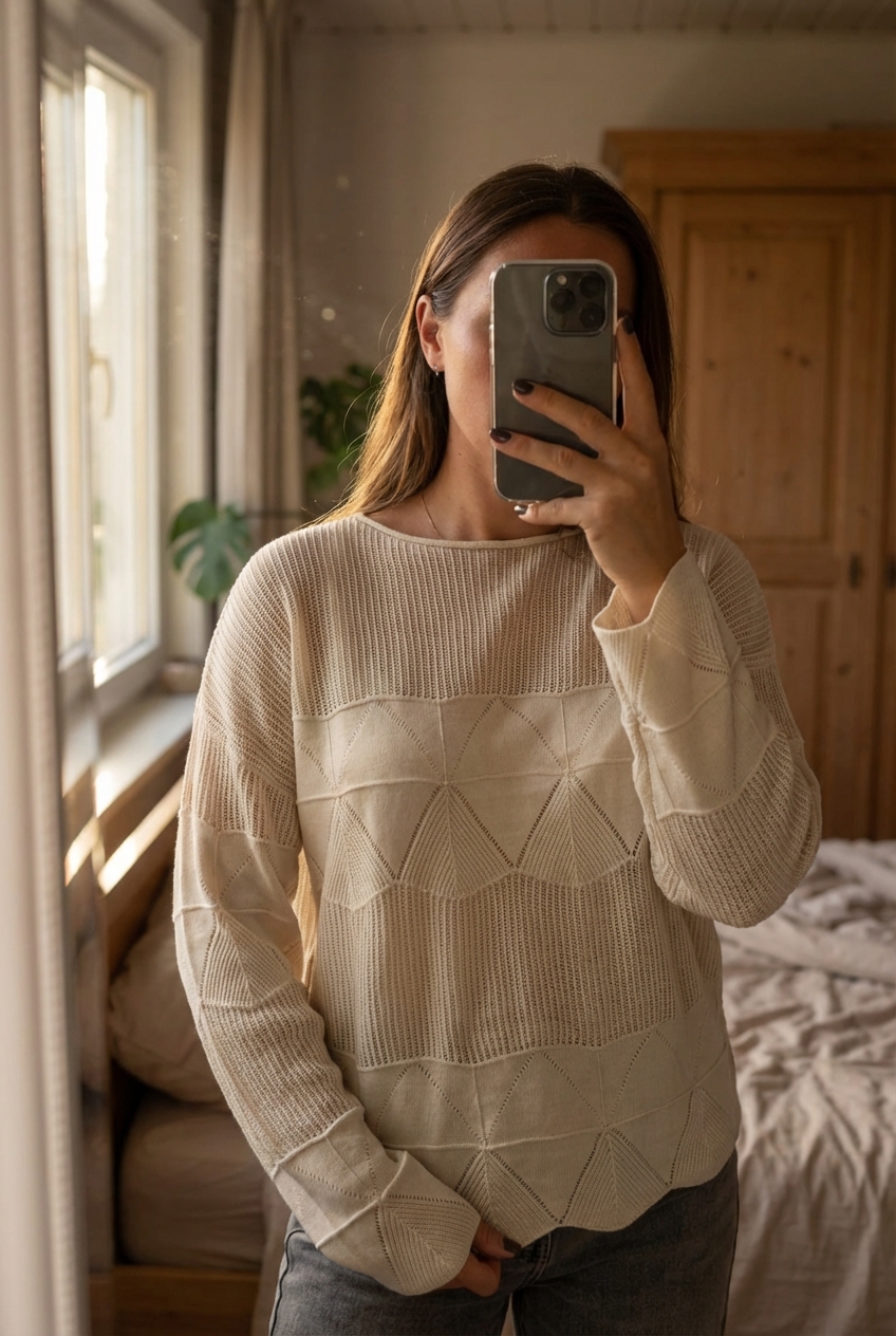 Pull artigli beige crochet long col bateau manches longue S M 36 38 L 40 debout, face à la caméra, dans une chambre à la lumière douce, avec une lumière naturelle filtrant par la fenêtre.
