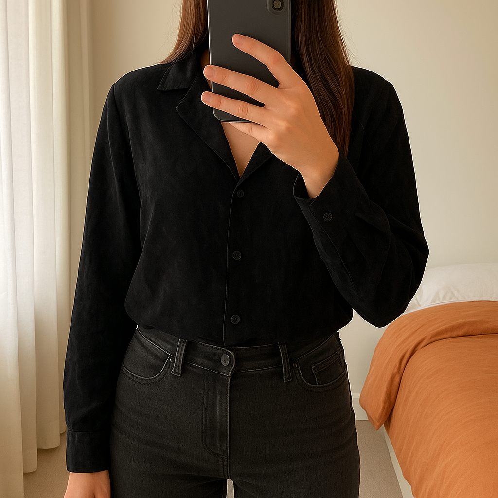 Chemisier Crop Zara Satin debout, face à la caméra, dans une chambre à la lumière douce, avec une lumière naturelle filtrant par la fenêtre.