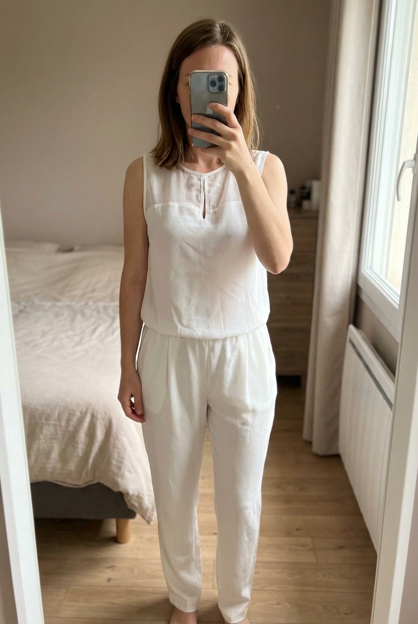 Une personne en Combinaison fluide sans manche - femme - XS debout, face à la caméra, dans une chambre à la lumière douce, avec une lumière naturelle filtrant par la fenêtre.