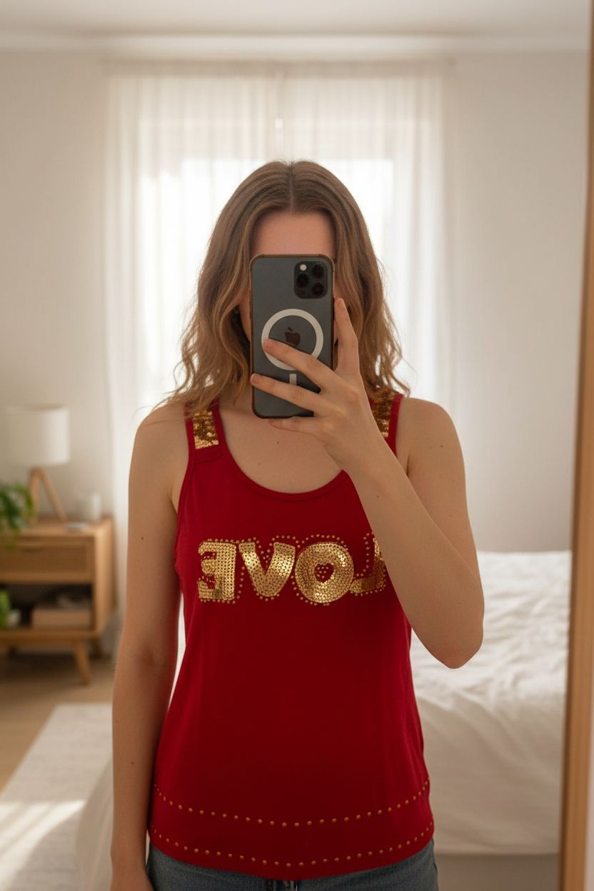 Debardeur love femme taille S debout, face à la caméra, dans une chambre à la lumière douce, avec une lumière naturelle filtrant par la fenêtre.