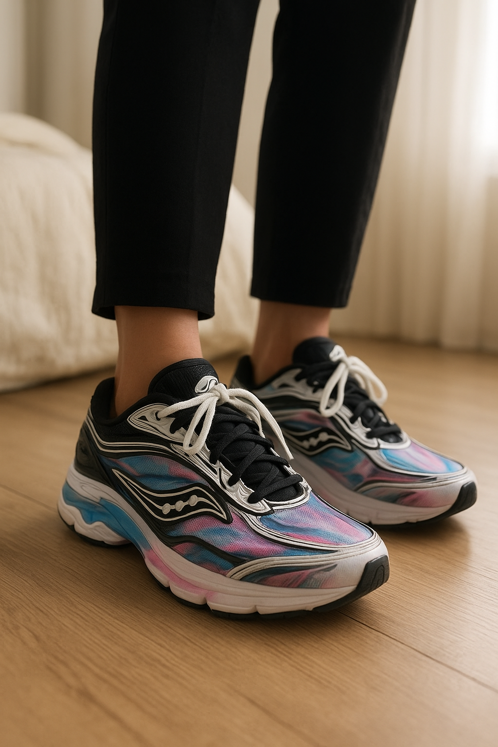 Basket saucony debout, face à la caméra, dans une chambre à la lumière douce, avec une lumière naturelle filtrant par la fenêtre.