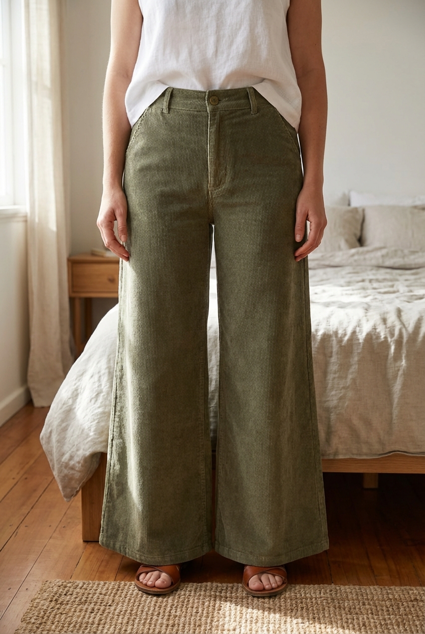 Pantalon large vintage rétro, t.42/grand 40 debout, face à la caméra, dans une chambre à la lumière douce, avec une lumière naturelle filtrant par la fenêtre.